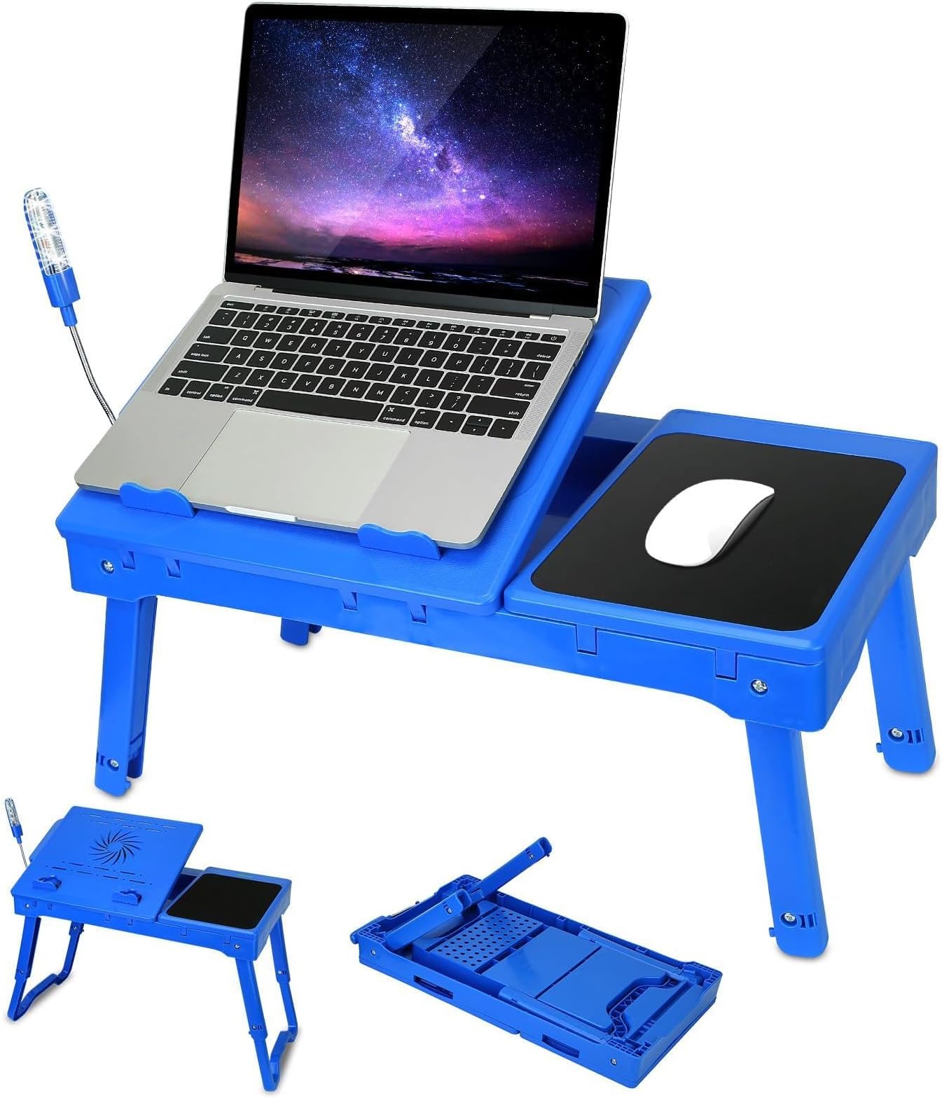 Foldable Laptop Table with Cooling Fan, LED Light, 4 x USB Ports, Mouse Pad & Storage Groove for Laptop Use in Home Office