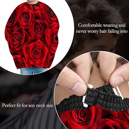 Miniatura 4 de Capa de corte de pelo impermeable con rosas rojas para adultos y niños, capa de peluquería profesional con cierre de presión ajustable, 51 x 55