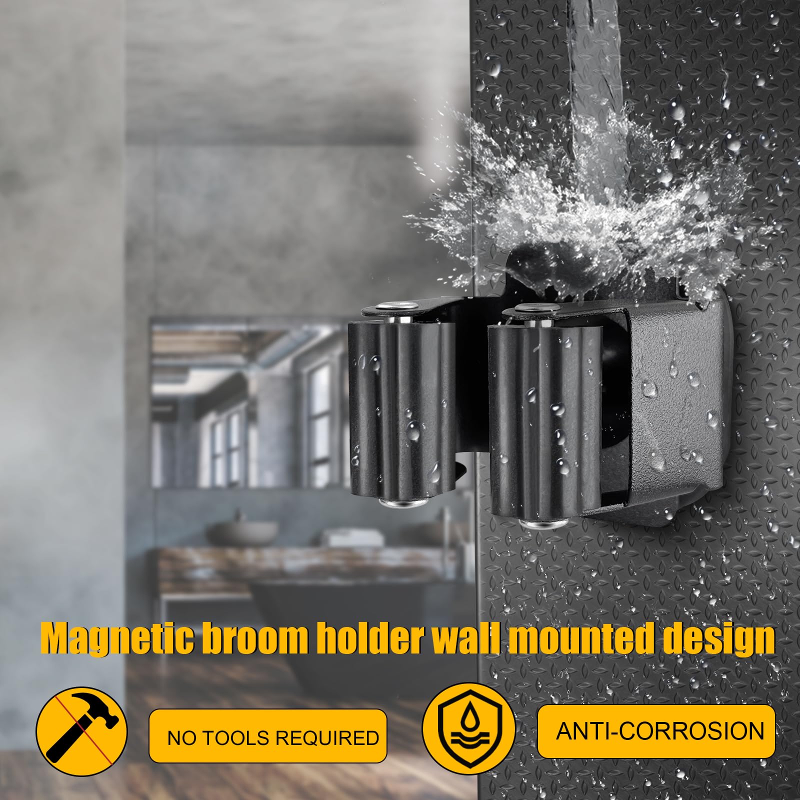 Soporte de pared magnético mejorado para escoba y trapeador, ahorro de espacio, resistente, sin taladrar sobre la puerta, agarre de escoba para caravana, organizador de pared, color negro, 4 unidades 4