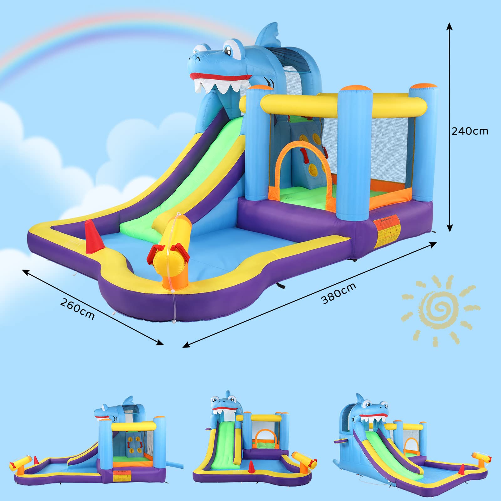 LEADZM Hüpfburg mit Gebläse, Aufblasbare Wasserpark mit Hai-Thema, mit Trampolin, Rutsche, Schwimmbecken, Wasserpistole, Geeignet für 3 Kinder im Alter von 3 bis 10 Jahren, 380x260x240 cm