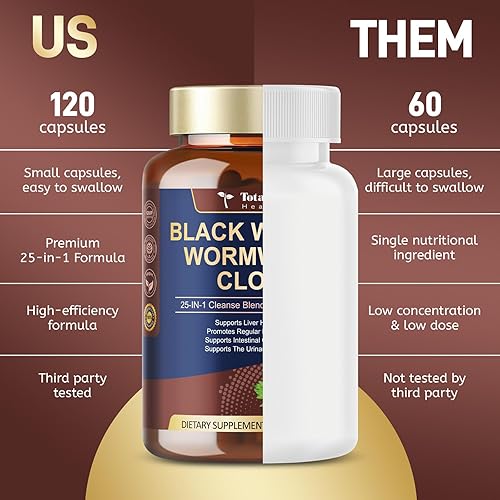 Miniatura 6 de Totaria 120 cápsulas de limpieza 25 en 1 de ajenjo negro y nuez para humanos - Limpieza intestinal desintoxicante y salud digestiva y hepática con