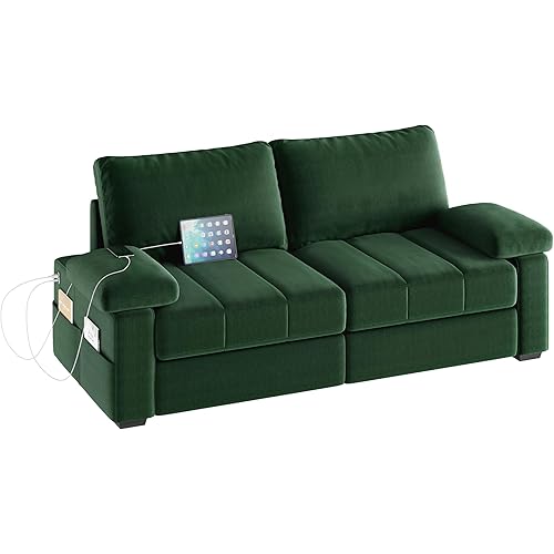 Yaheetech 79" Velvet Modern Sofa Couch with Storage Pockets and USB Ports, 2 Seater Comfy Loveseat Sleeper with Removable Armrest Pillow & Cover for Living Room, Apartment, Bedroom, Green