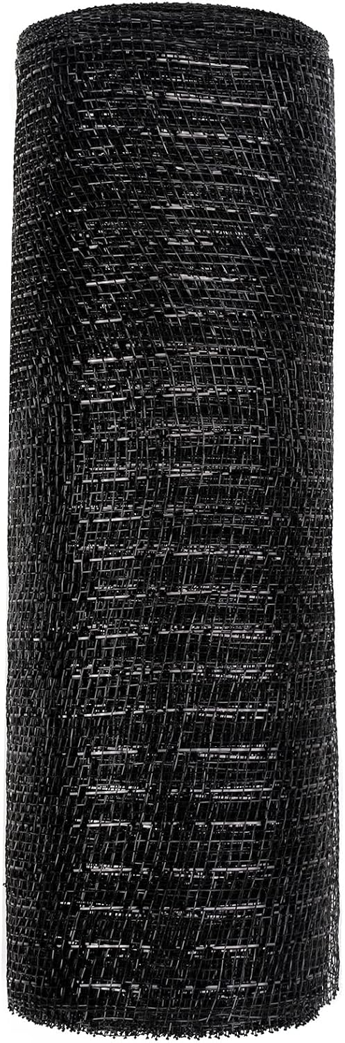 LaRibbons Deco Mesh Poly Ribbon - 10 inch x 30 feet Each Roll - Metallic Foil Black Rolls for Wreaths, Swags and Decorating - 4 Pack