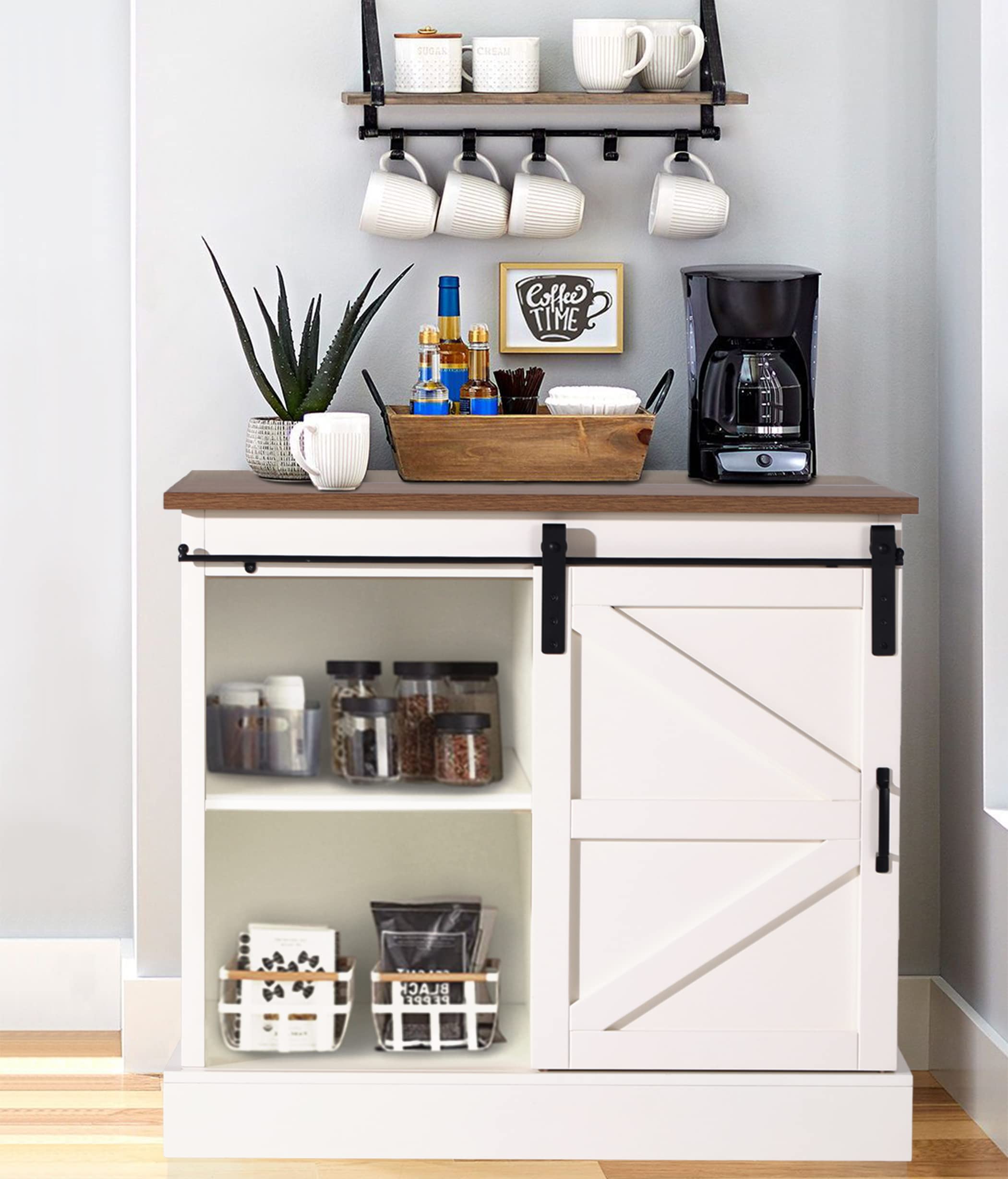Buy PHI VILLA Farmhouse Coffee Bar Sliding Barn Door Kitchen