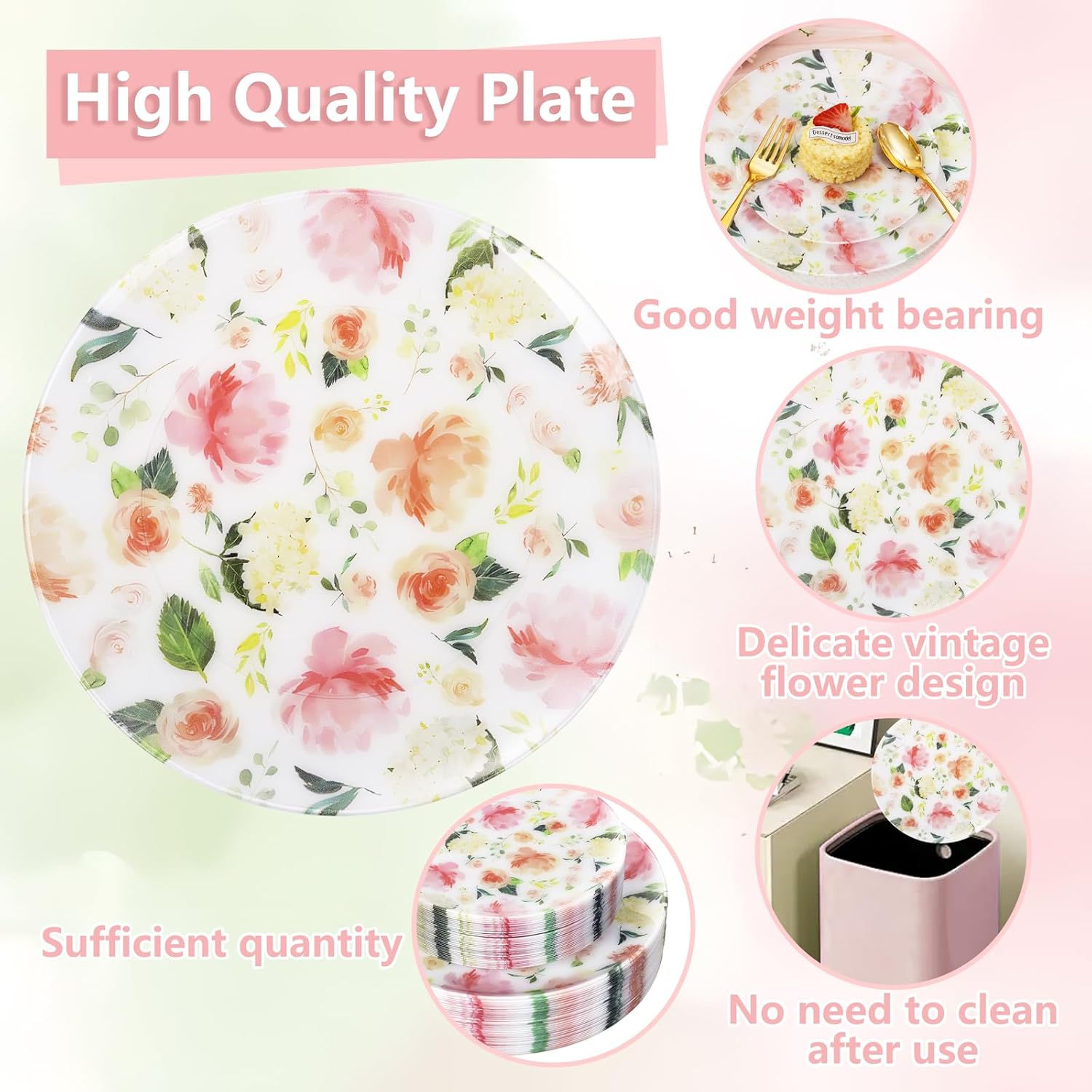60 PCS Floral Plastic Plates - Pink Disposable Decorative Plates Include 30 Dinner Plate, 30 Dessert Plate for Wedding & Tea Party & Spring