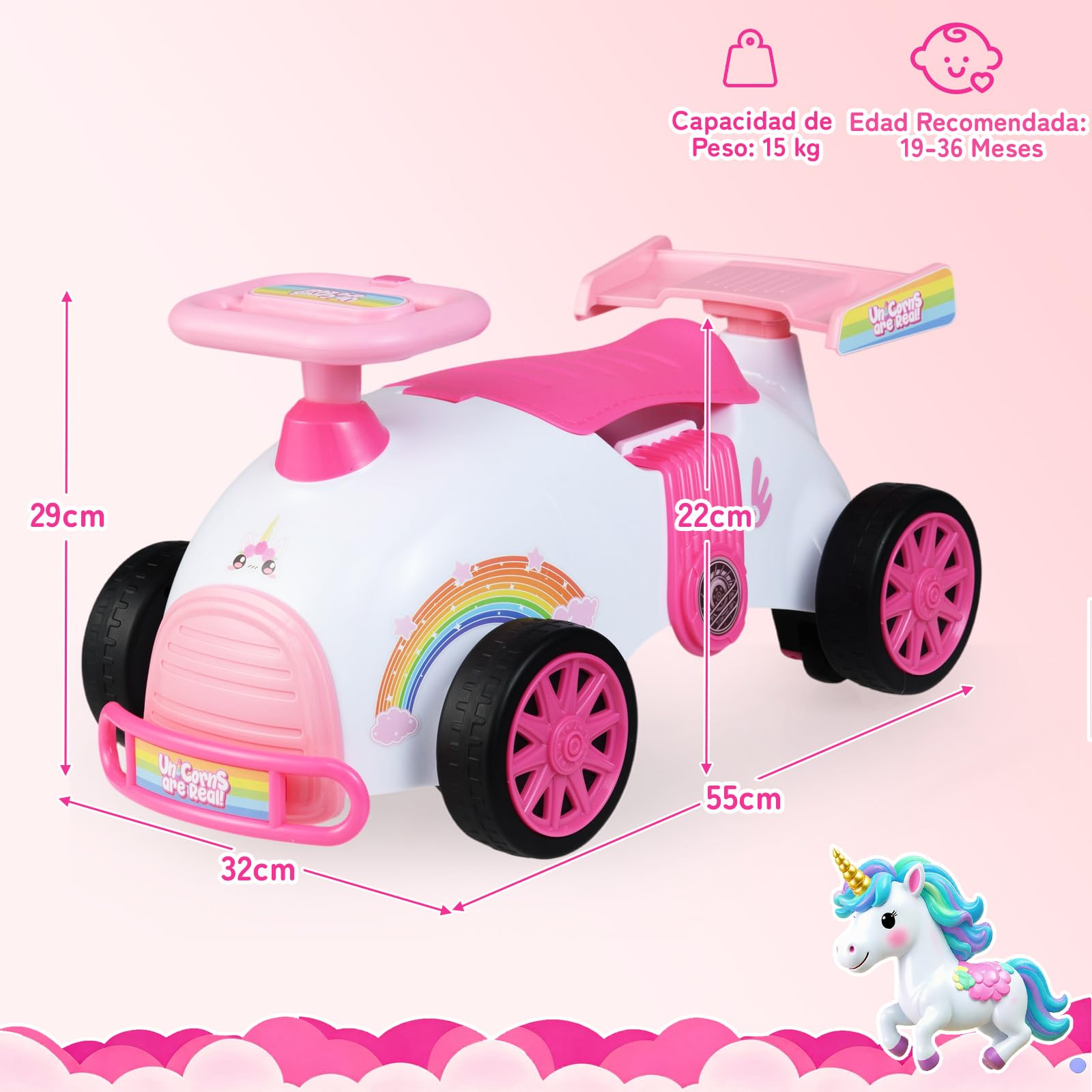 COSTWAY Coche de Correpasillos para Niños, Coche Deslizante de Pie a Suelo con Música y Almacenaje Bajo Asiento, Cochecito Infantil con Ruedas Universales para Niños de 19 a 36 Meses (Unicornio)