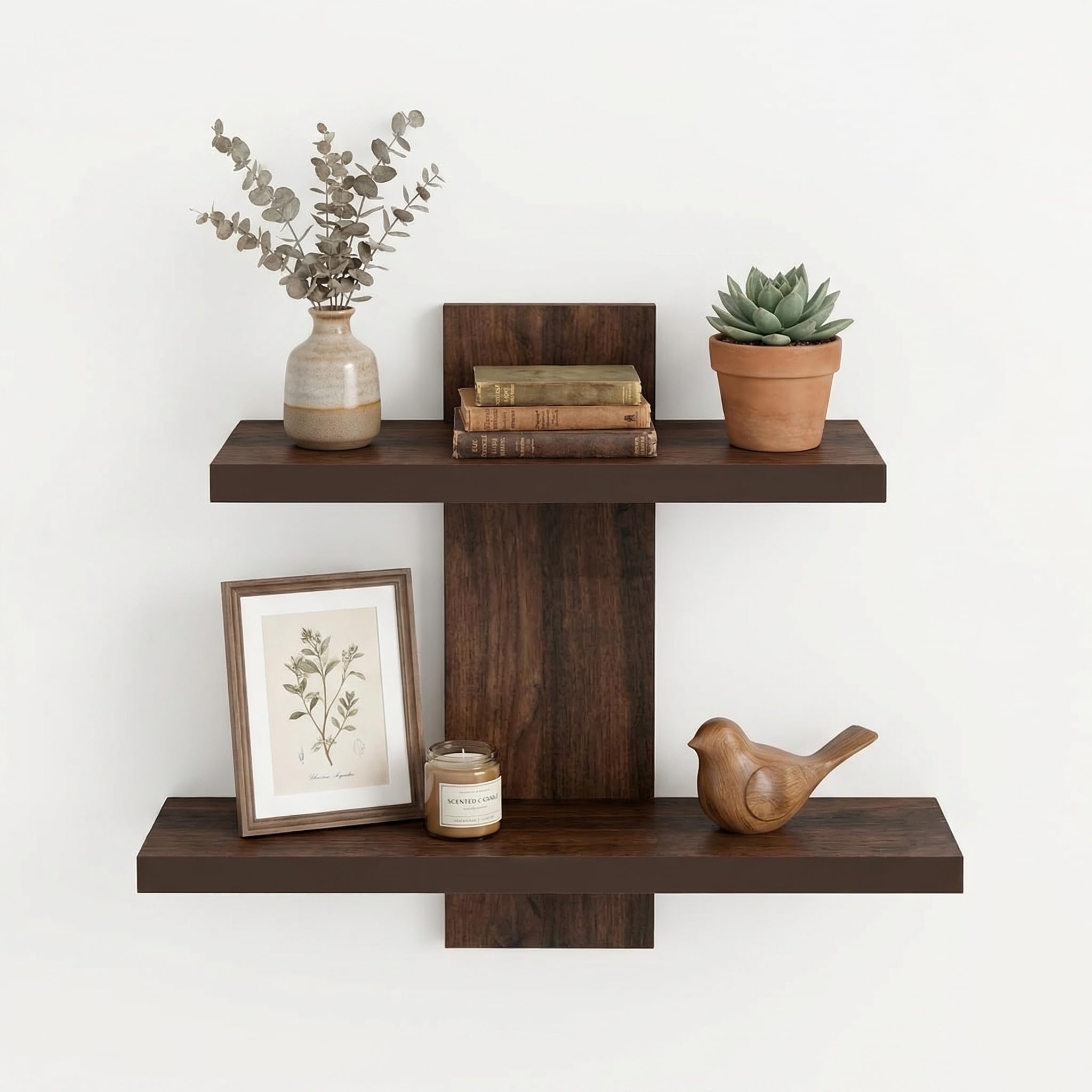 Wooden Zig Zag Wall Shelf (Brown) | 2 Tier Floating Wall Mount Display Rack | Modern Wall Decor Shelf for Living Room & Bedroom | Space Saving Storage Organizer-image-2