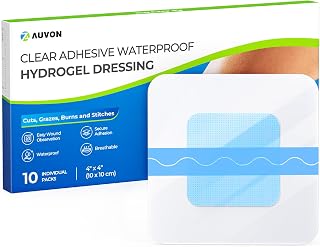 AUVON Hydrogel Burn Dressings 4" x 4" for Instant Cooling Relief & Moist Healing, Adhesive Burn Pads for 1st-2nd Degree Burns, Cuts, Abrasions, Waterproof Wound Dressing for Home First Aid Kit, 10 Pcs