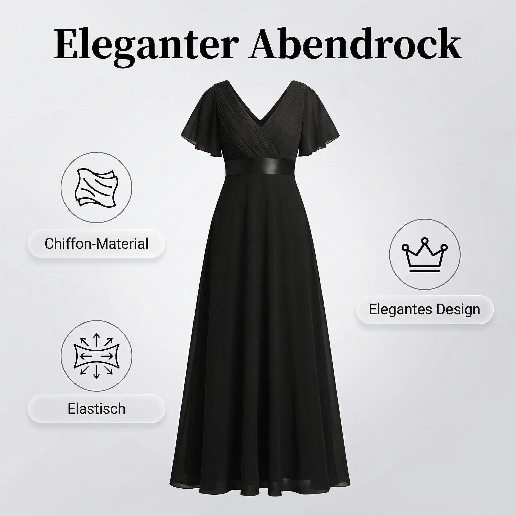 Elegantes Damen Festkleid Chiffon Ballkleid Lang Cocktailkleid V-Ausschnitt Glockenärmel Geschwungenes Saum Elastisch für Bankett Abend