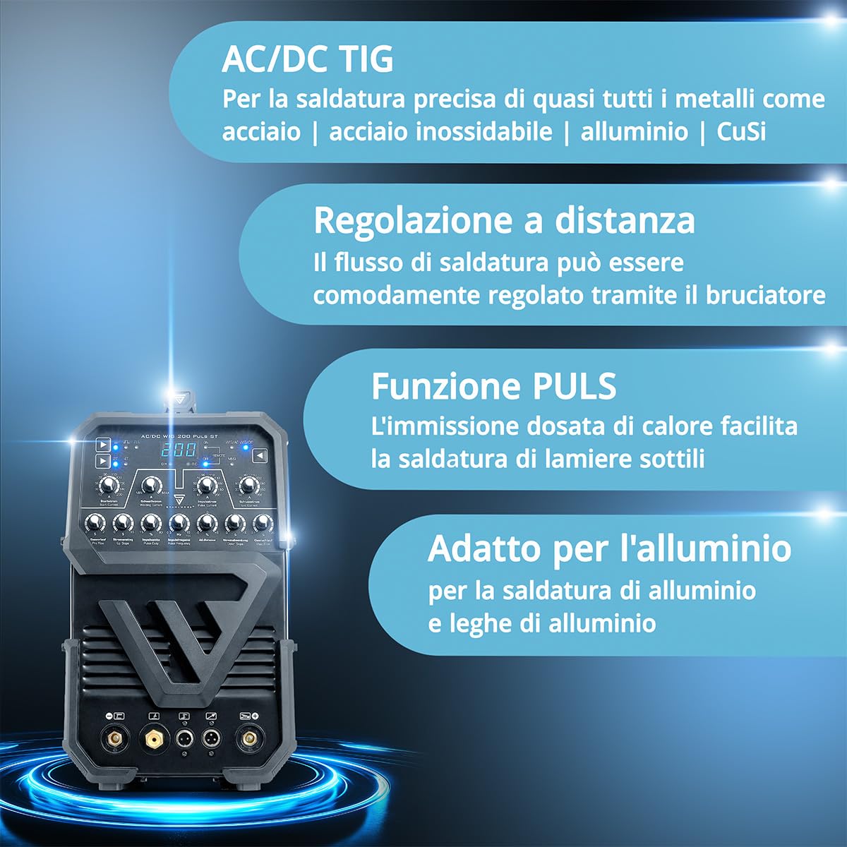 STAHLWERK Saldatrice AC/DC TIG 200 Puls ST – Inverter IGBT con modalità AC, MMA (elettrodo) fino a 200 A, innesco HF, funzione Pulse, 2T & 4T, Hotstart, per alluminio & lamiere sottili
