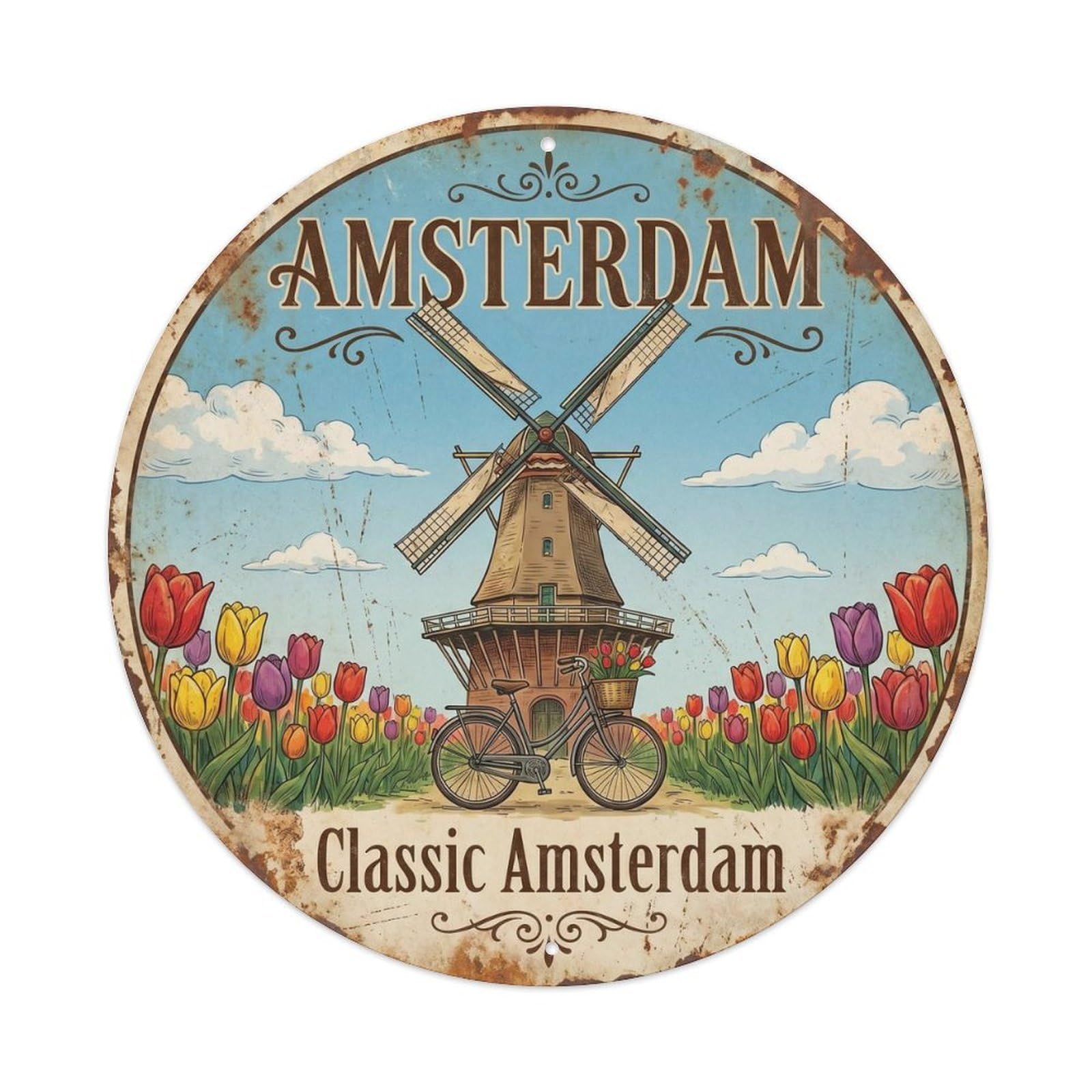Amsterdam Classic Windmill Tulips Vintage Dutch Travel Metal Tin Sign Plaque Wall Decor for Cafe, Man Cave, Club Bar, Office, Home Garden Round Metal Poster 8x8Inch