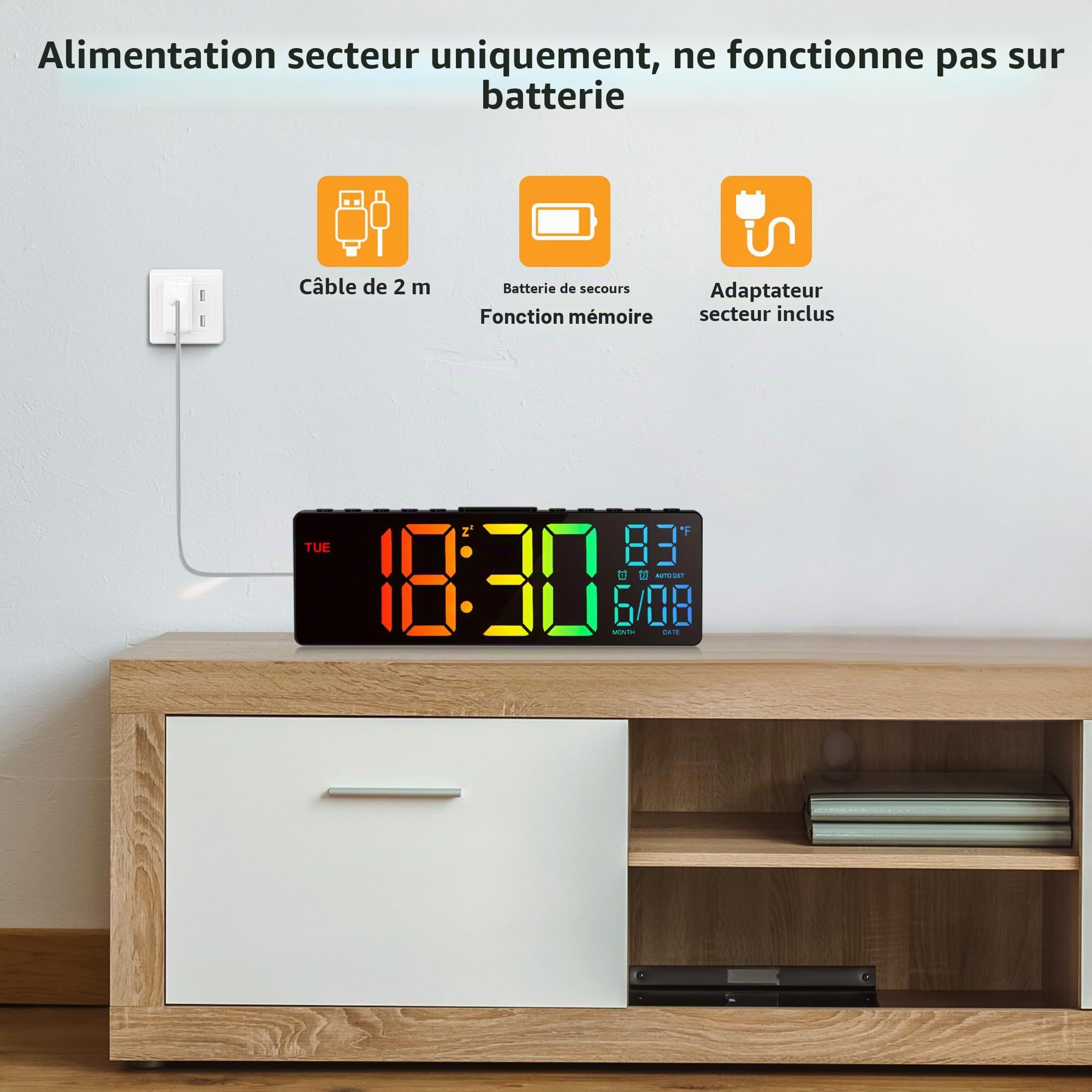 HAITANG Horloge Numérique - Horloge Calendrier Numérique Murale LED De 10,5" avec Affichage De La Température, Date Et Jour, Dimming Automatique De La Luminosité RGB, Veilleuses, pour Bureau, Chambre