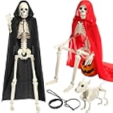 Seenelling 6 Pcs 3ft Skeleton Halloween Decor Set, Life Size Full Posable Skeleton with Cape Dog Adjustable Dog Collars, Plastic Bones Halloween Decoration for Outdoor Yard Lawn Scary Party