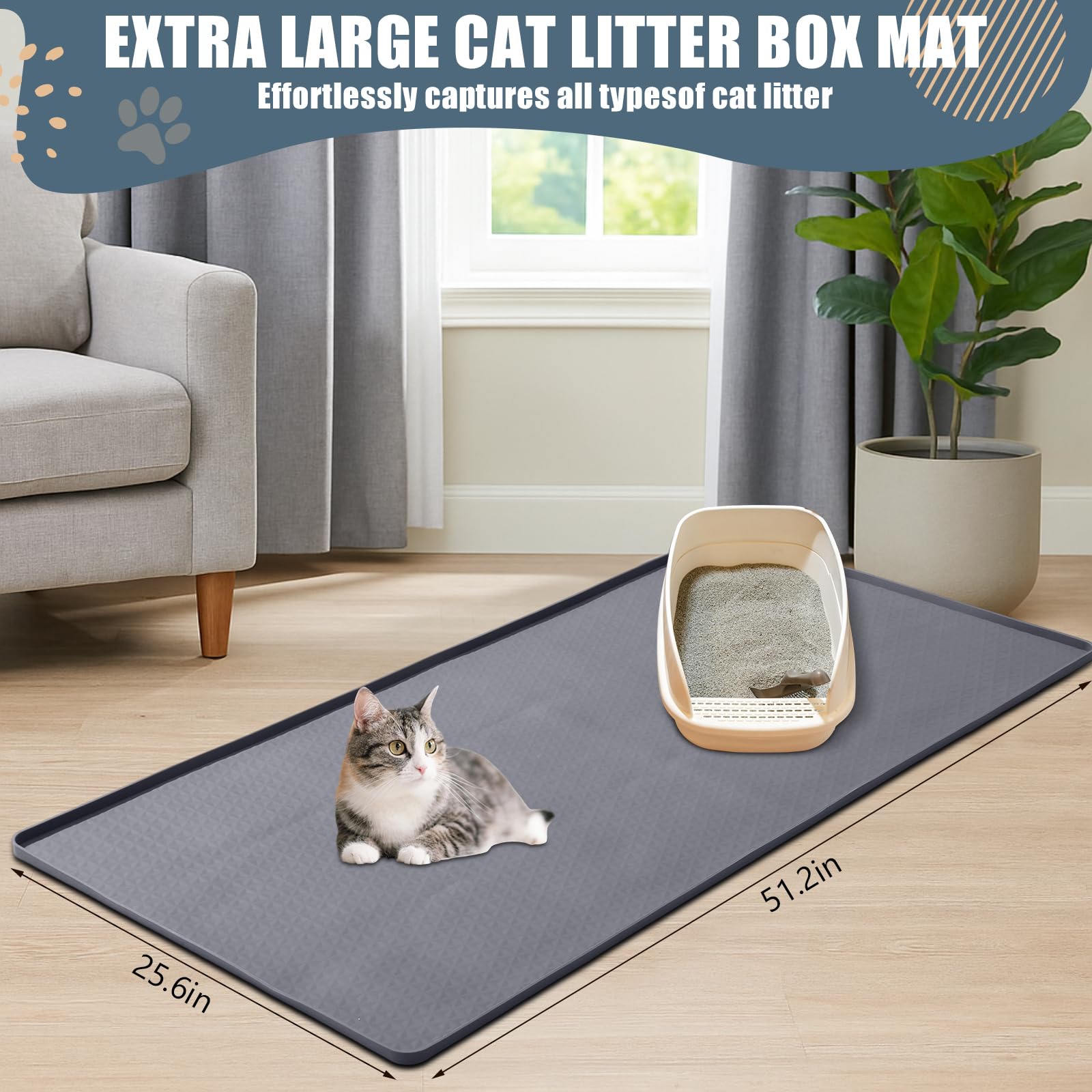 Breling Silikon-Katzenstreu-Matte, extra groß, 130 x 65 cm, wasserdichte Katzenstreu-Matte zur Streukontrolle, leicht zu reinigen und weich auf den Katzenpfoten, rutschfeste Unterlage, um den Boden