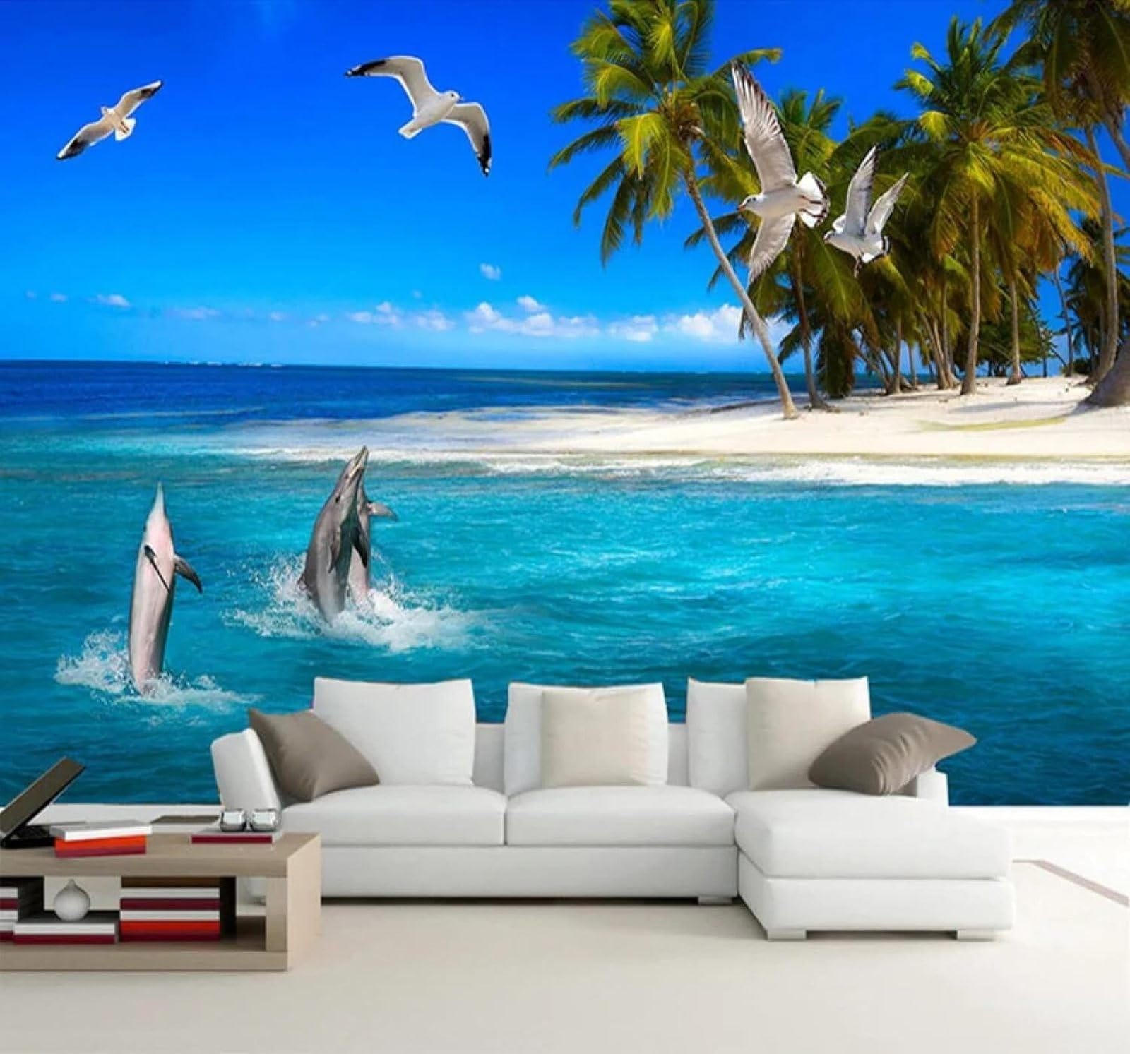 XLMING Beautiful Beach Coconut Trees Dolphins Seascape 3D Wallpaper Silky Texture Home Study Office Grey Dining Room Sofa Bedroom Living Room TV Backdrop-350cm×256cm