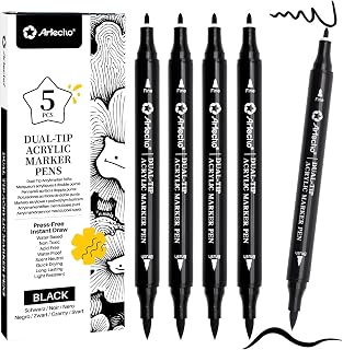Artecho 듀얼 팁 아크릴 페인트 펜 블랙 5피스 세트, 파인 팁 및 브러시 팁, 스톤, 락 페인팅, 종이, 호박, 나무, 계란, 캔버스, 세라믹, 원단, 가죽, 유리, DIY 공예용