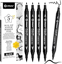 Artecho Acrylic Pens 5 Black Colours, 0.5-5 mm Waterproof Dual Tip Marker (Brush and Fine Tip), with Double Ends for Rock Painting, Glass, Paper, Wood