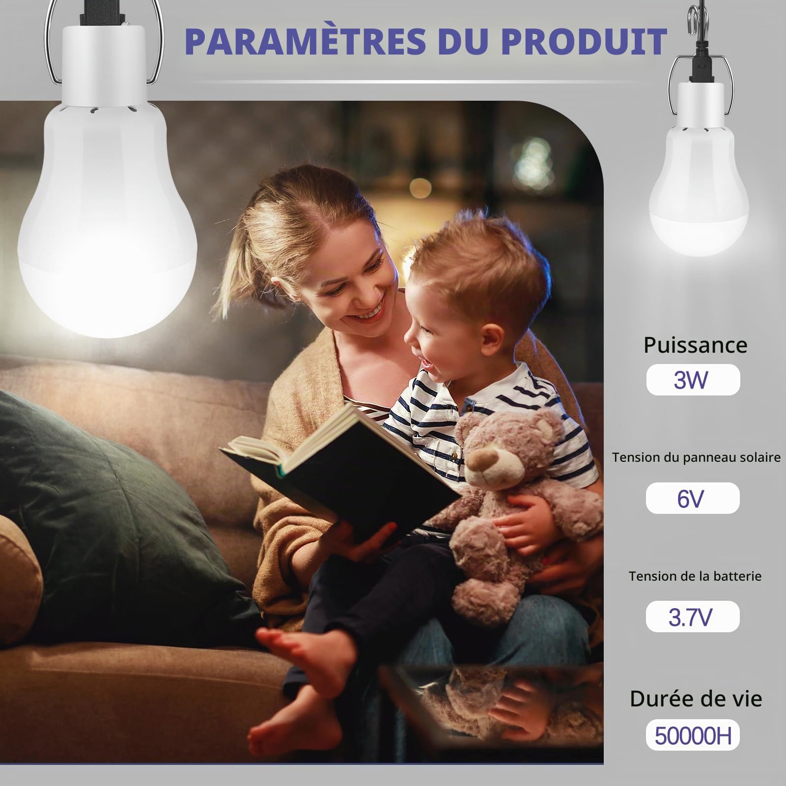Ampoule solaire LED d'extérieur avec câble de 3,5 m - Lanterne solaire de camping - Lampe suspendue avec panneau solaire - Lampes solaires à suspendre - Ampoule 3 W pour l'extérieur et l'intérieur