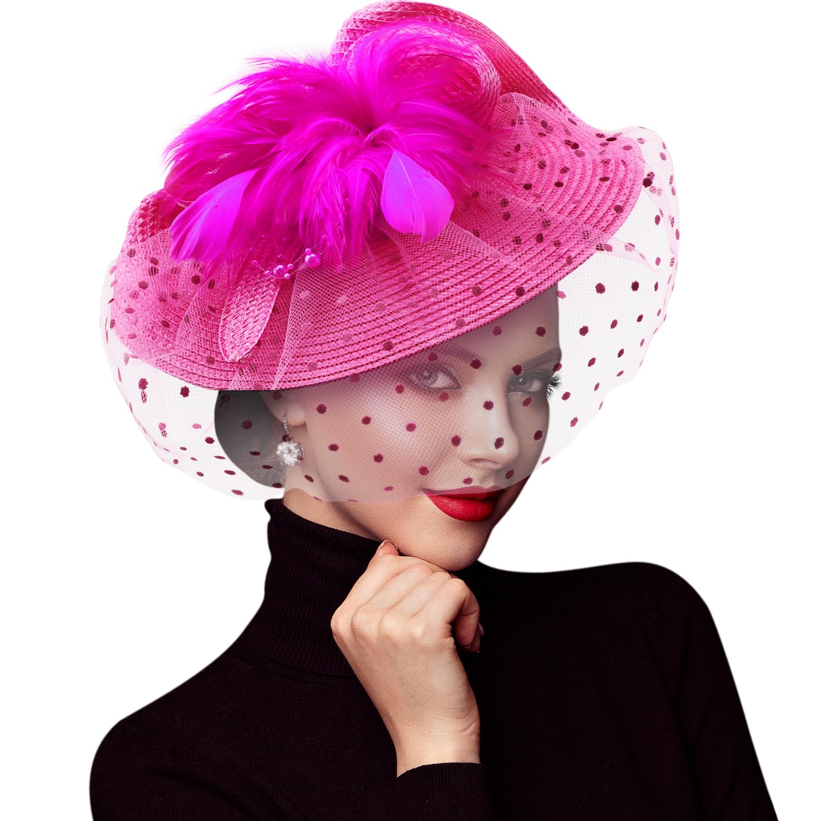 DRESHOW Fascinators Sombrero de Mujer Flor de Malla de Plumas Fascinator Boda Cocktail Tea Party Sombreros Tocados para Niñas y Mujeres