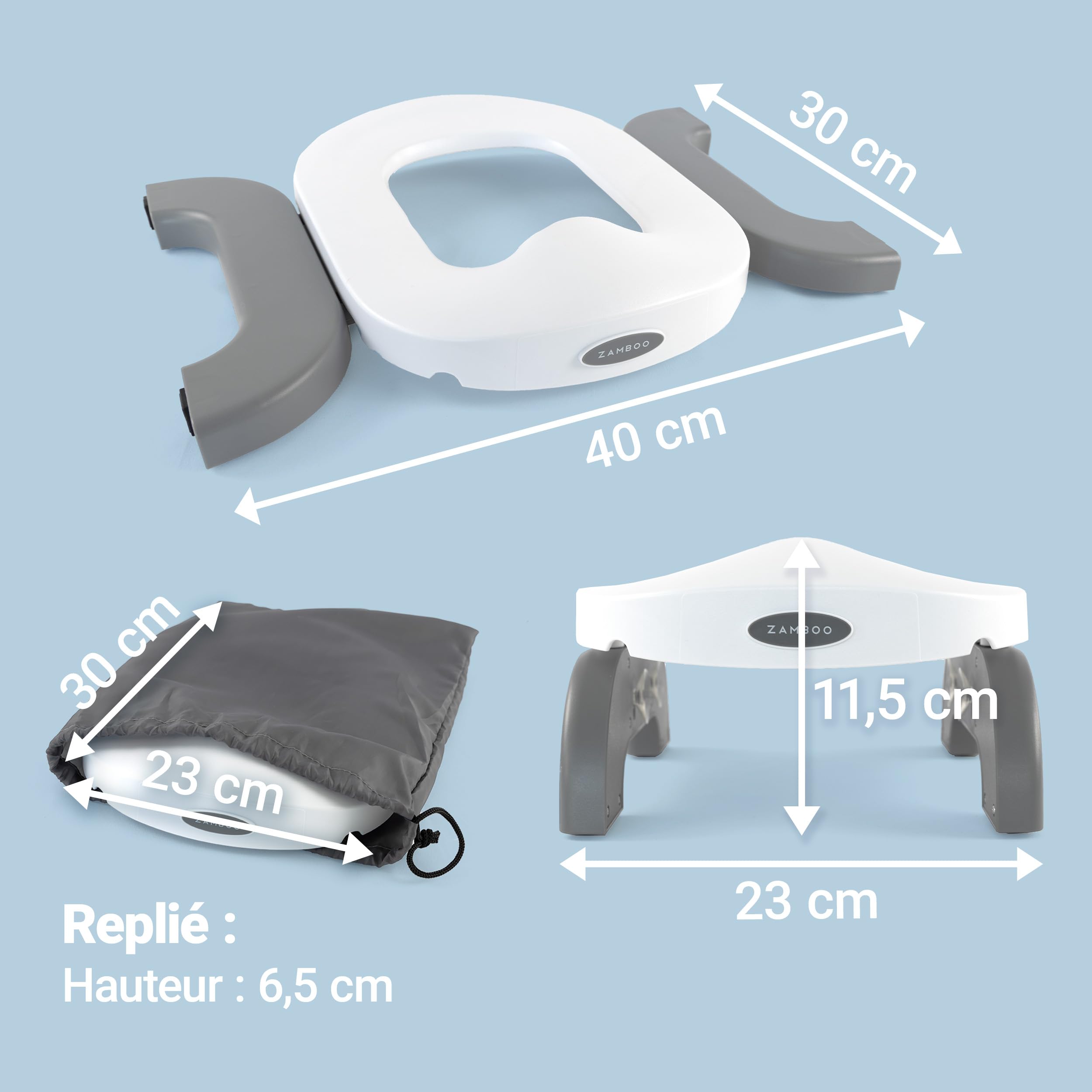 Zamboo Toilette Portable Enfant 3en1 – Pot Bebe & Réducteur Toilette pour Enfants dès 15 mois | Pot Pliable Enfant Voyage et Maison, Anti-Eclaboussure, Utilisable avec Sacs Jetables, Gris