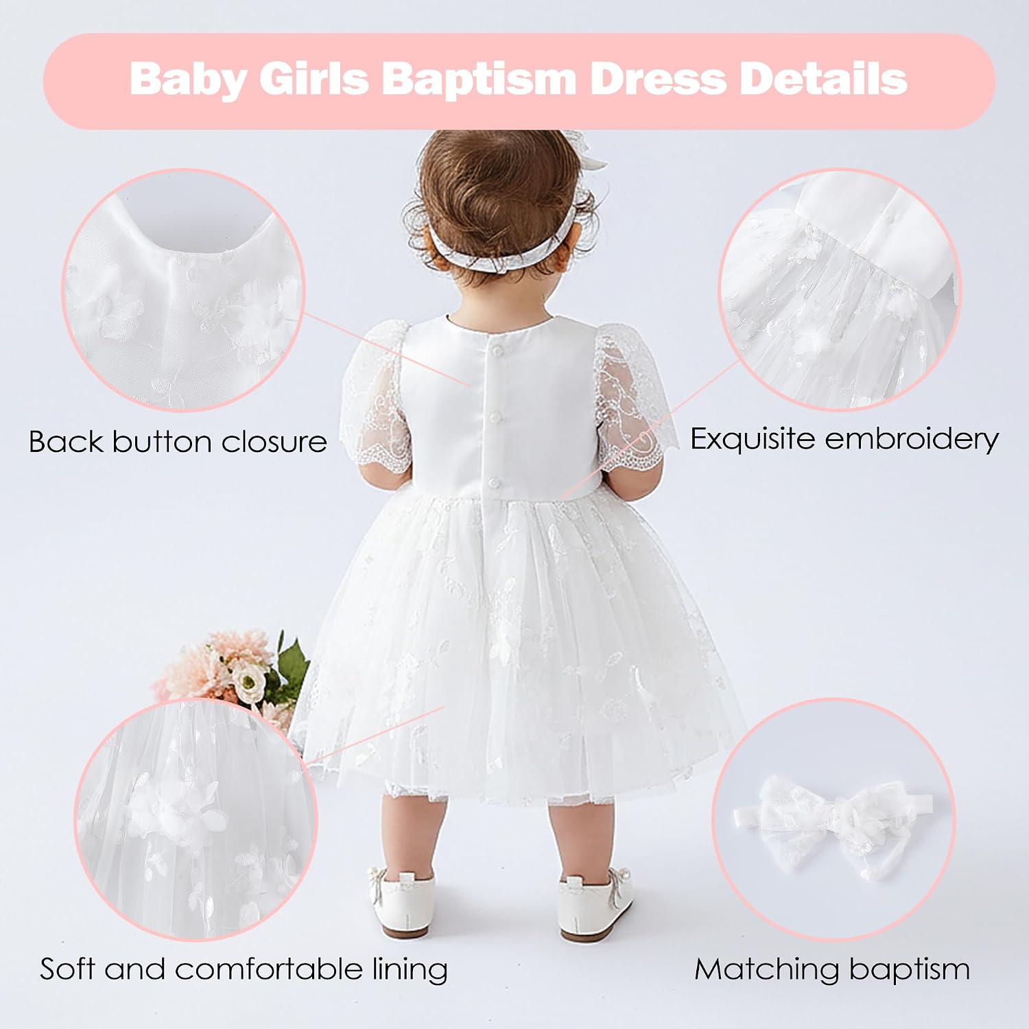 Newborn Baby Girl Christening Dress White Baptism Lace Short Sleeve Fall Wedding Dresses with Bonnet Outfit