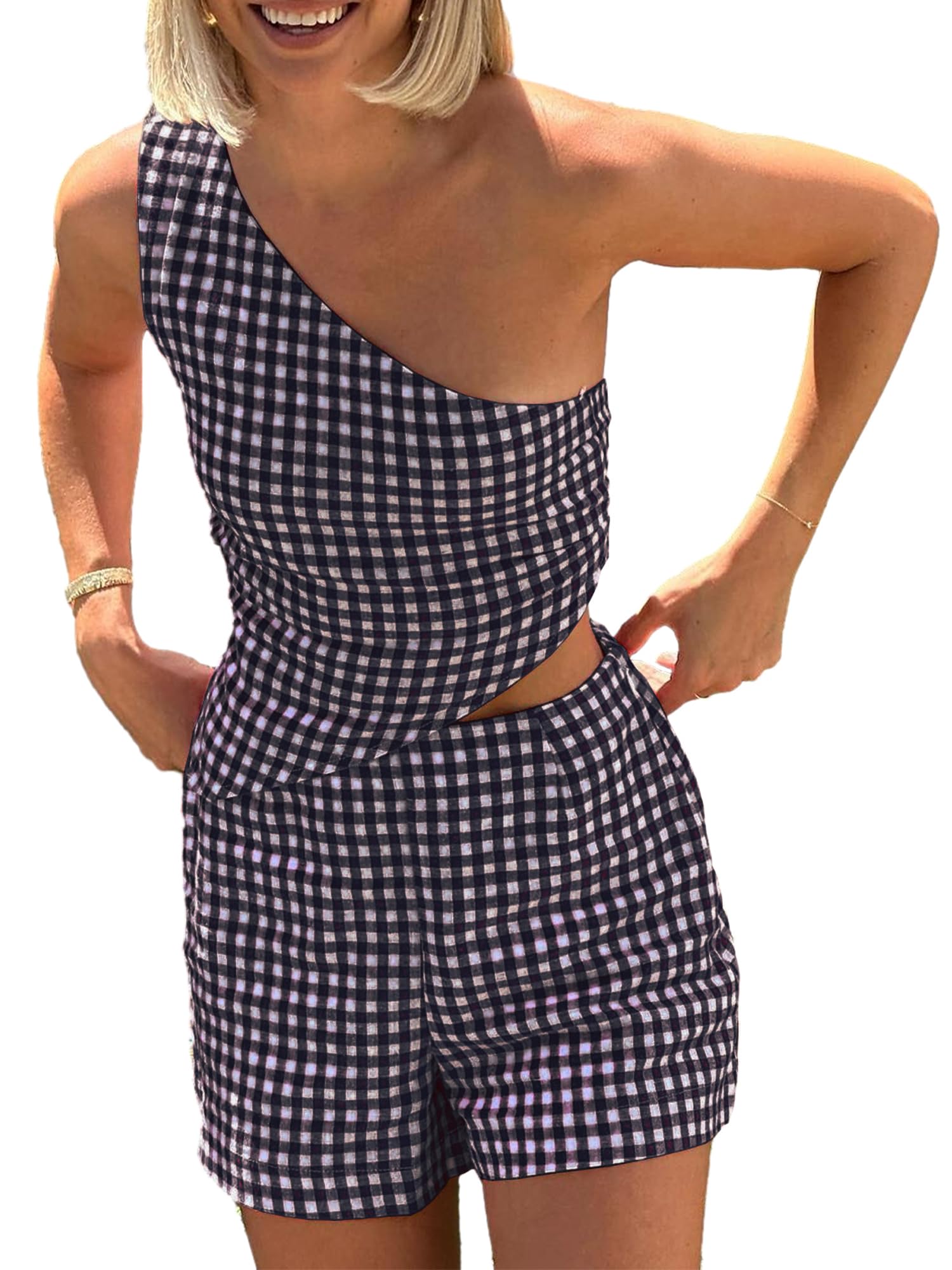 YILEEGOO Women's 2pcs Summer Outfit Gingham Co-ord Set Jumpsuit Plaid One Shoulder Tie Back Crop Tank Top Vest + Shorts Set (Black, L)