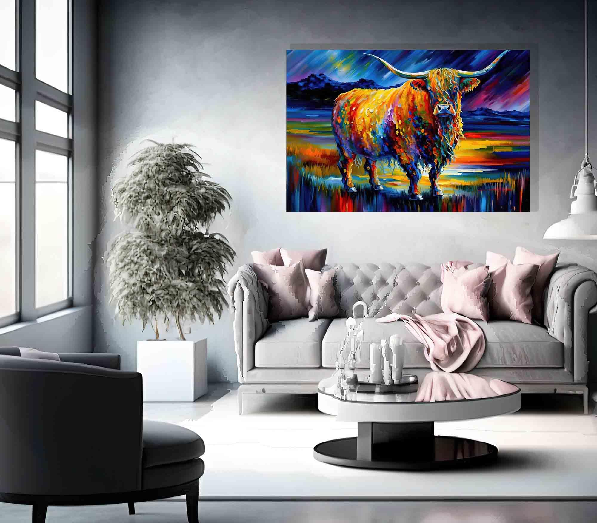 Artley Prints - Schöne Hochlandkuh moderne abstrakte Leinwandbilder für Wohnzimmer, Schlafzimmer, Flur, Küche - Bunte Drucke groß 86 x 61 cm (34 x 24 Zoll) A1