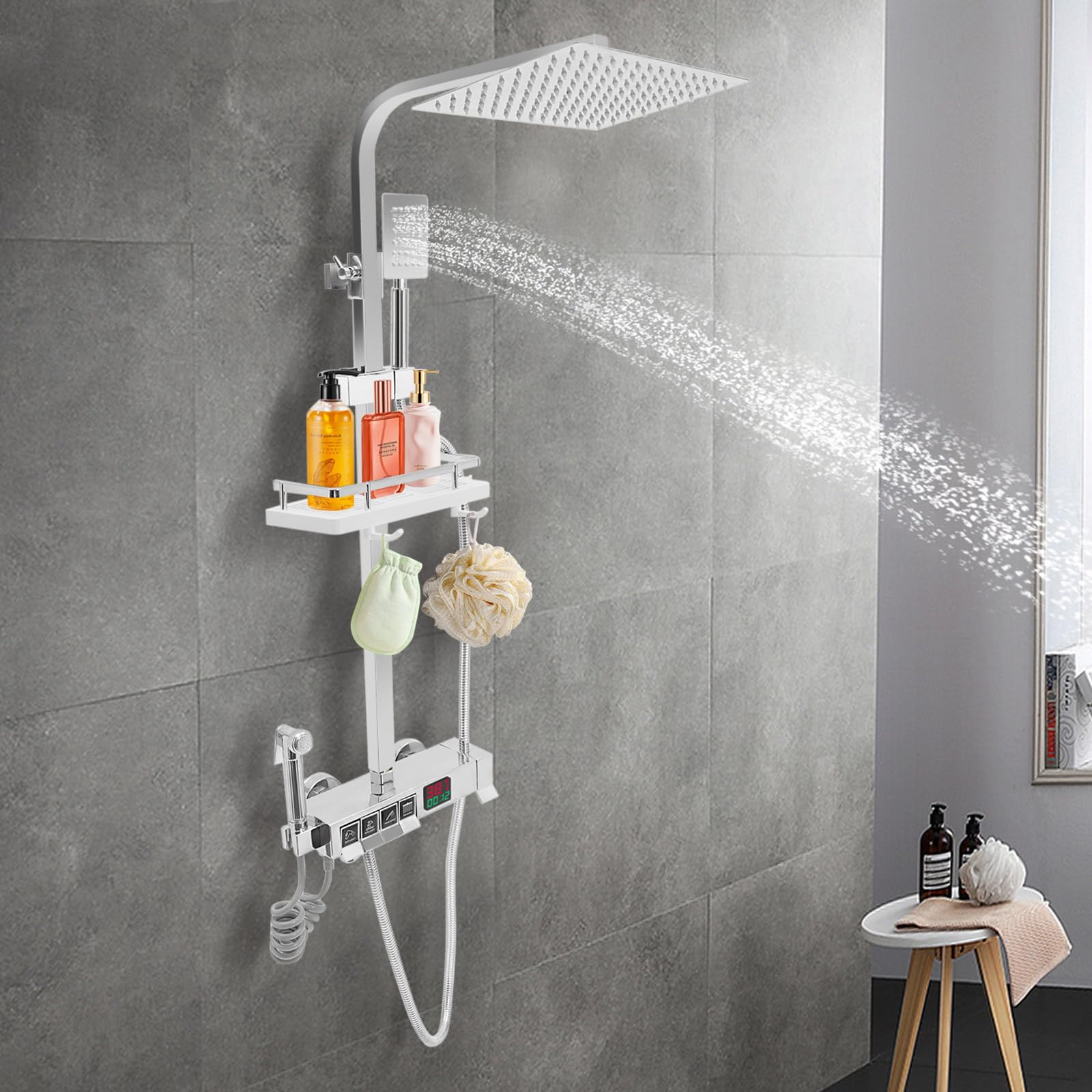 Sistema de ducha de acero inoxidable de 20 cm, columna de ducha con 4 salidas, alcachofa de ducha, alcachofa de mano, pistola de agua de alta presión y grifo de salida inferior, con termostato, cesta