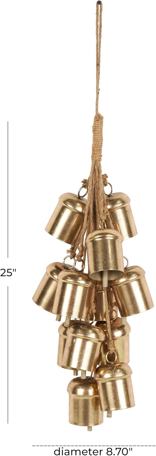 Deco 79 Metal Indoor Outdoor Decorative Bells Cluster Meditation Bell with Jute Hanging Rope, Cow Bell 9" x 9" x 25", Gold
