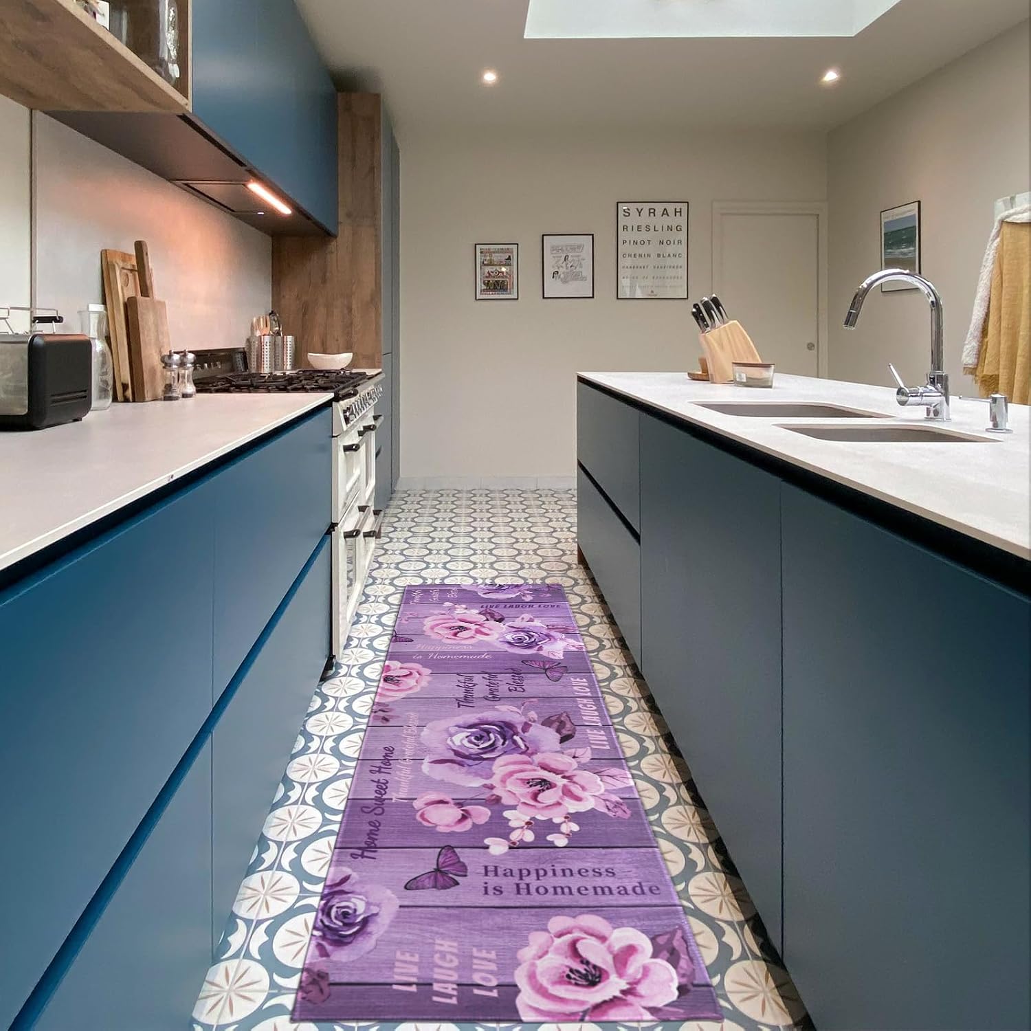 Farmhouse Kitchen Mats for Floor Set of 3 Piece with Runner, Rustic Purple Lavender Kitchen Floor Mat Rug Carpet Rose Kitchen Decor and Accessories Stuff for Home, Floral Purple