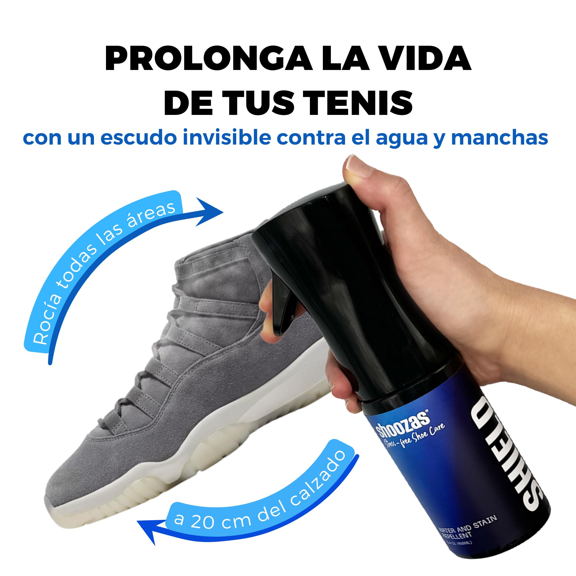 Shoozas - Spray Protector de Zapatillas - Impermeabilizante de Calzado - Repelente de Agua y Manchas - Fórmula Hidrofóbica - Sin Aerosoles ni Propulsores - Ideal para Gamuza, Nobuck, Lona y Nailon