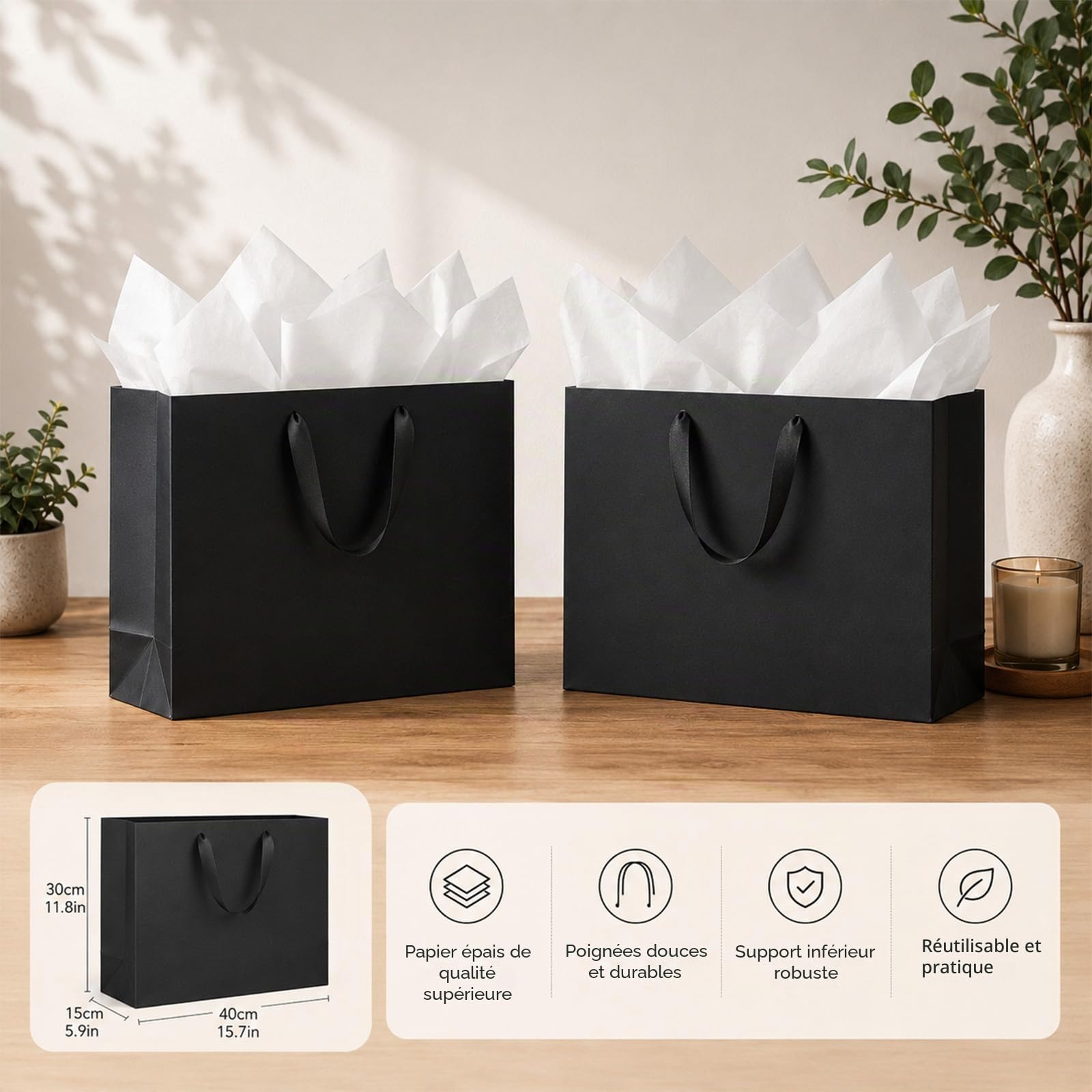 Lot de 20 Sacs Cadeaux Extra Larges Noirs | 40 x 15 x 30 cm pour Hommes et Mariages