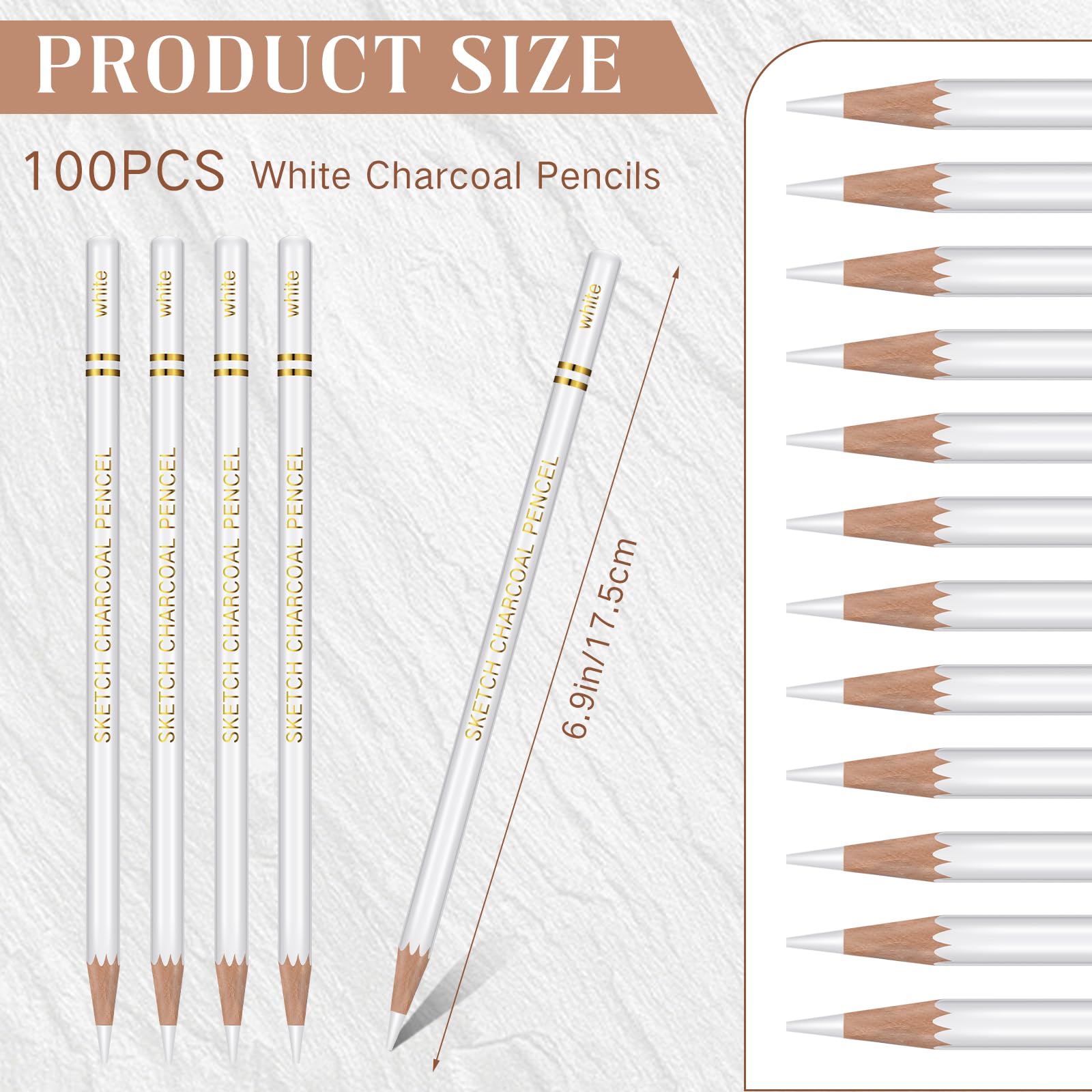Resurhang 100 Pcs Charcoal Pencils Drawing Set, Charcoal Pencils bulk for Drawing Sketching Shading Blending Portrait Beginners and Artists(White,White Style)