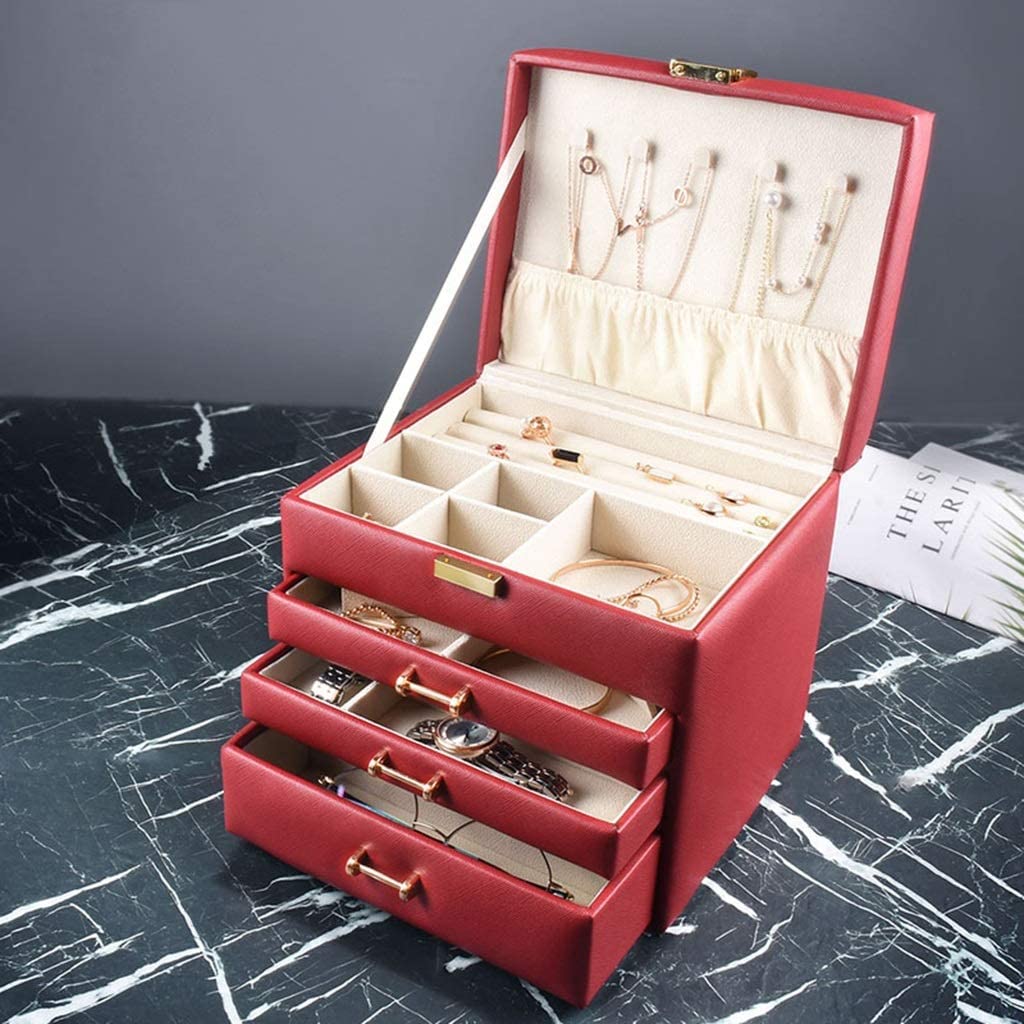 XBTGS Joyero organizador de joyas de 4 capas con cajón, organizador de joyas, caja de almacenamiento portátil de joyería de piel sintética, exquisitas cajas de joyería, A-rojo,