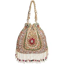 LONGING TO BUY Beaded Potli Bag for Women, Multicolor, Drawstring Wristlet with Pearl Fringe, Potli Bag for Wedding 9x9 Inch