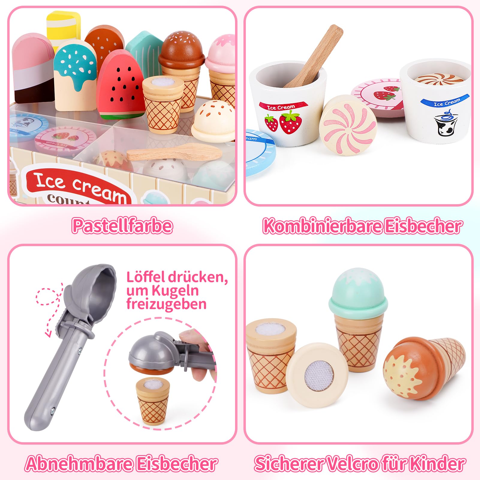 Eisdiele Kinder Holz, Montessori Spielzeug ab 3 Jahre, Holzspielzeug Kaufladen Zubehör, Kinderküche Zubehör Kaufladen Kinder, Eis Spielzeug Weihnachten Kinderspielzeug ab 3 Jahren Jungen Mädchen