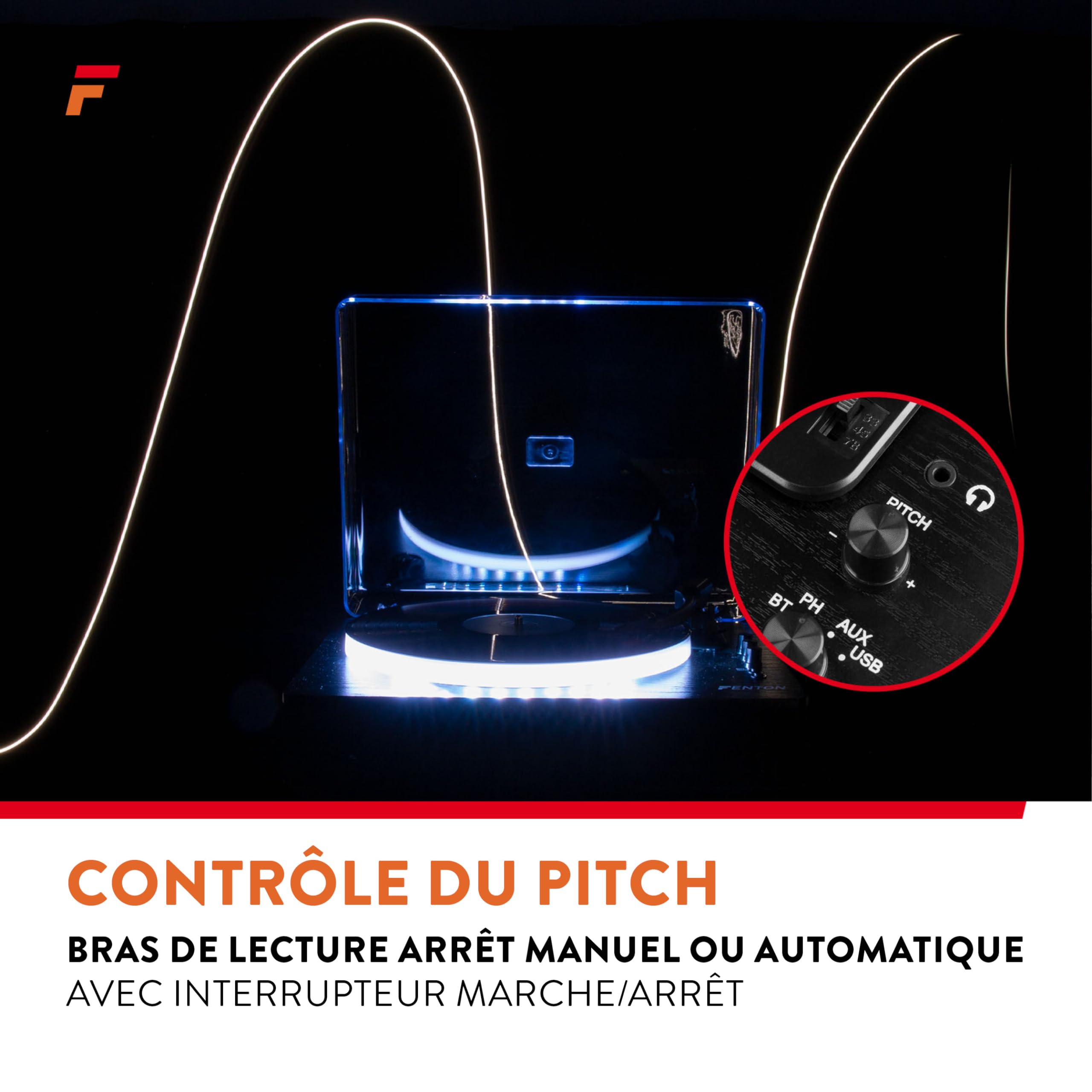 Fenton RP162LED Platine Vinyle LED BT avec Haut-Parleurs Intégrés - Noir, Lecture 33, 45 et 78 Tours, Émetteur & Récepteur BLT, Une Platine Moderne et Déco avec Son Plateau LED