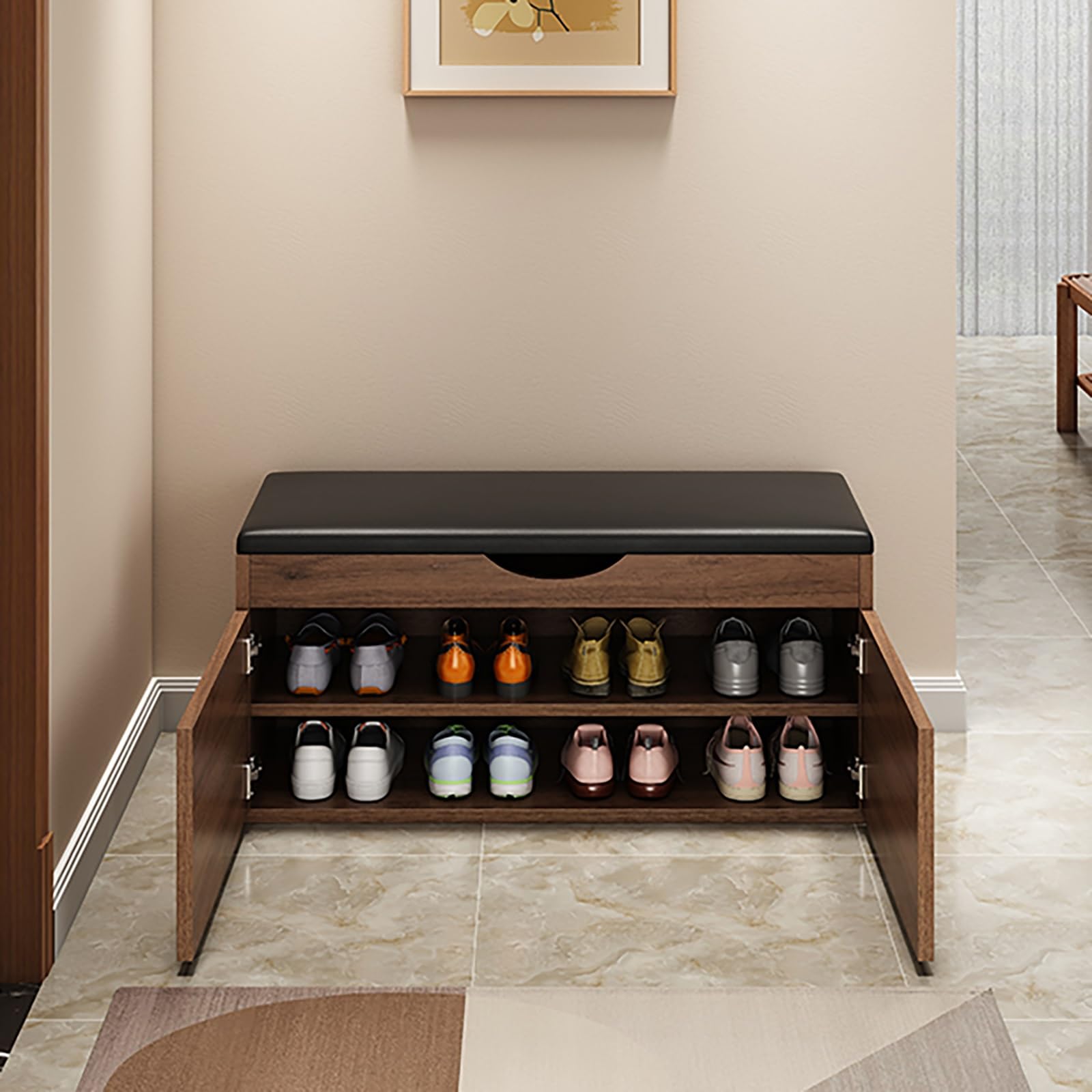 Aioneer Shoe Bench Cabinet With Drawer And Cushion Seat Sturdy Shoe Storage For Entryway Living Room Balcony 2Tier Shoe Rack For Porch Entrance Natural Wood Finish,Grey 100Cm-Brown-60cm