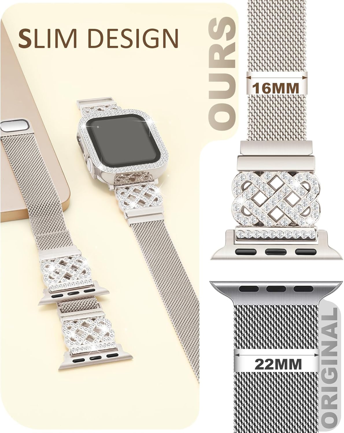 Metal Bracelet for Apple Watch Band 42mm 41mm 40mm 38mm 46mm 45mm 44mm for Women with Bling Case,Magnetic Slim Strap for iWatch Bands Series 11 10 9 8 7 6 5 4 3 SE SE3 Stainless Steel Mesh Loop iPhone - Image 4
