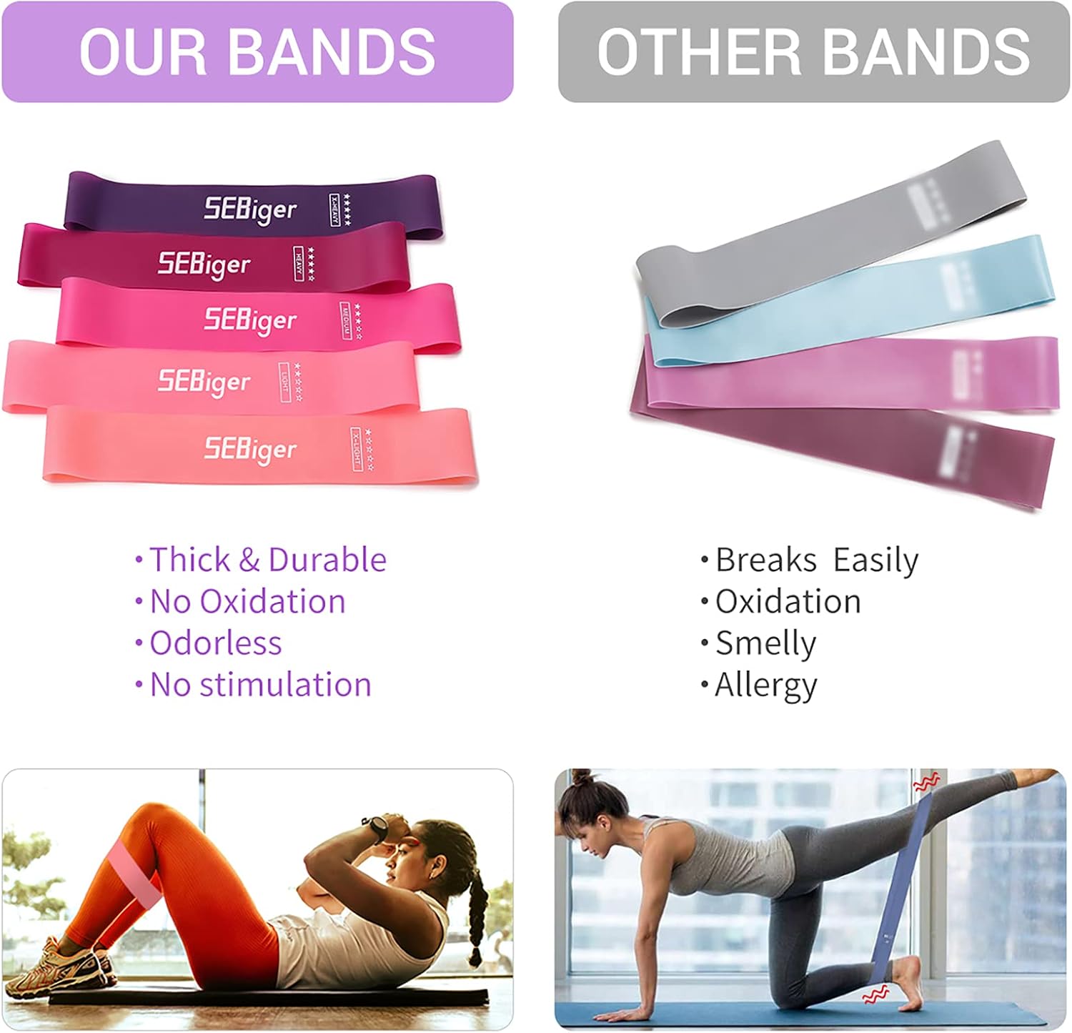 SEBiger. Resistance Bands Exercise Loop Bands for Legs and Butt Workout Bands Pilates Flexbands Booty Bands for Home Fitness, Stretching, Strength Training, Physical Therapy, Set of 5 (Purple Set)