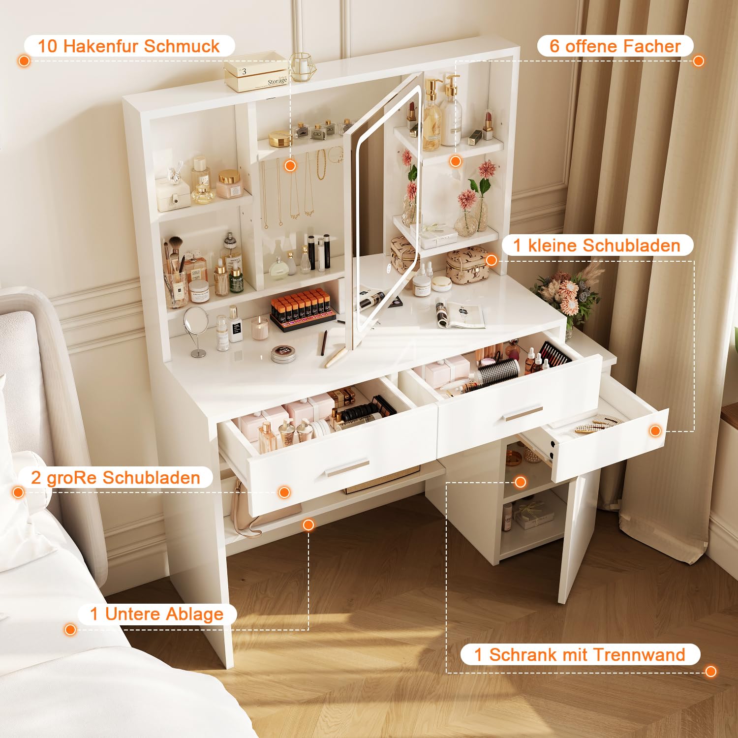 JUMMICO Coiffeuse avec éclairage Miroir LED (3 Niveaux de luminosité et 3 températures de Couleur), Grande Coiffeuse avec 6 Compartiments, 2 tiroirs, Armoire latérale et étagère, 117 x 40 x 140 cm