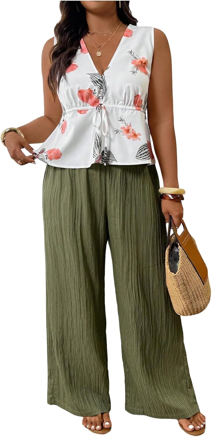 Women's Plus Size Boho Summer Outfits 2 Piece Floral Peplum Tank Top Wide Leg Pants Beach Vacation Clothes