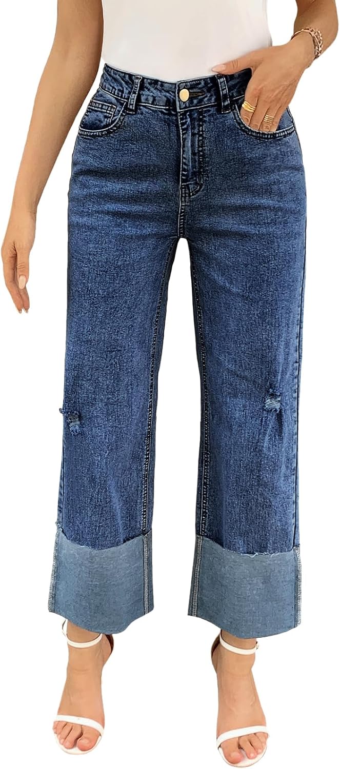 Cicy Bell Womens Wide Straight Leg Jeans High Waisted Trendy Cuffed Hem Distressed Vintage Denim Pants