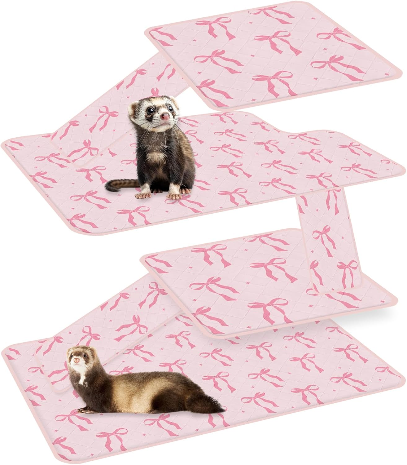 JarThenaAMCS 7 Pcs Bow Ferret Cage Liner Set Ferret Critter Nation Cage Accessories Kit Pink Bowknot Washable Double Unit Set Pee Pads for Hamster Chinchilla Small Animal Accessory