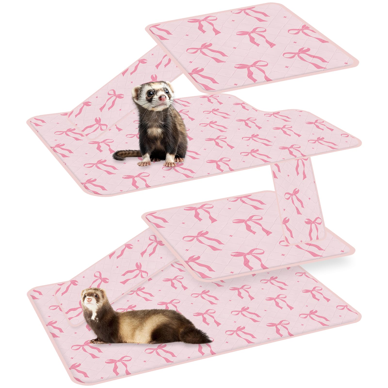JarThenaAMCS 7 Pcs Bow Ferret Cage Liner Set Ferret Critter Nation Cage Accessories Kit Pink Bowknot Washable Double Unit Set Pee Pads for Hamster Chinchilla Small Animal Accessory