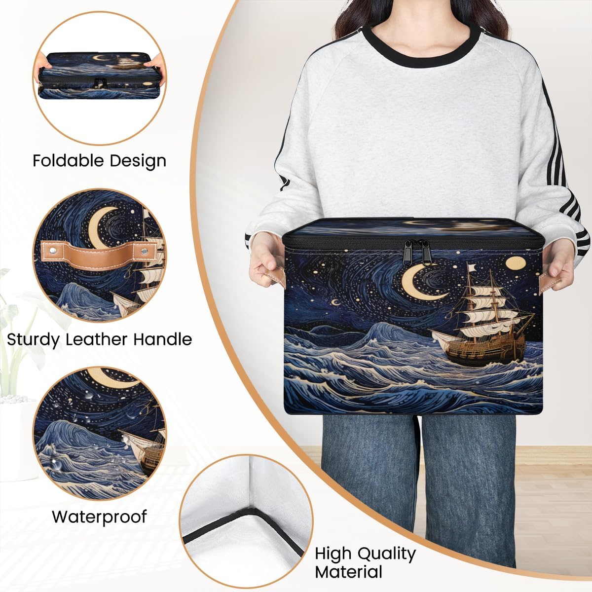 Storage Bin Set of 2 Ocean Ship Storage Basket with Zipper Lid & Handle Foldable Closet Shelf 2 Pack Cloth Organizer Basket Cube Bins Clothes Organizer for Bedroom, Nursery