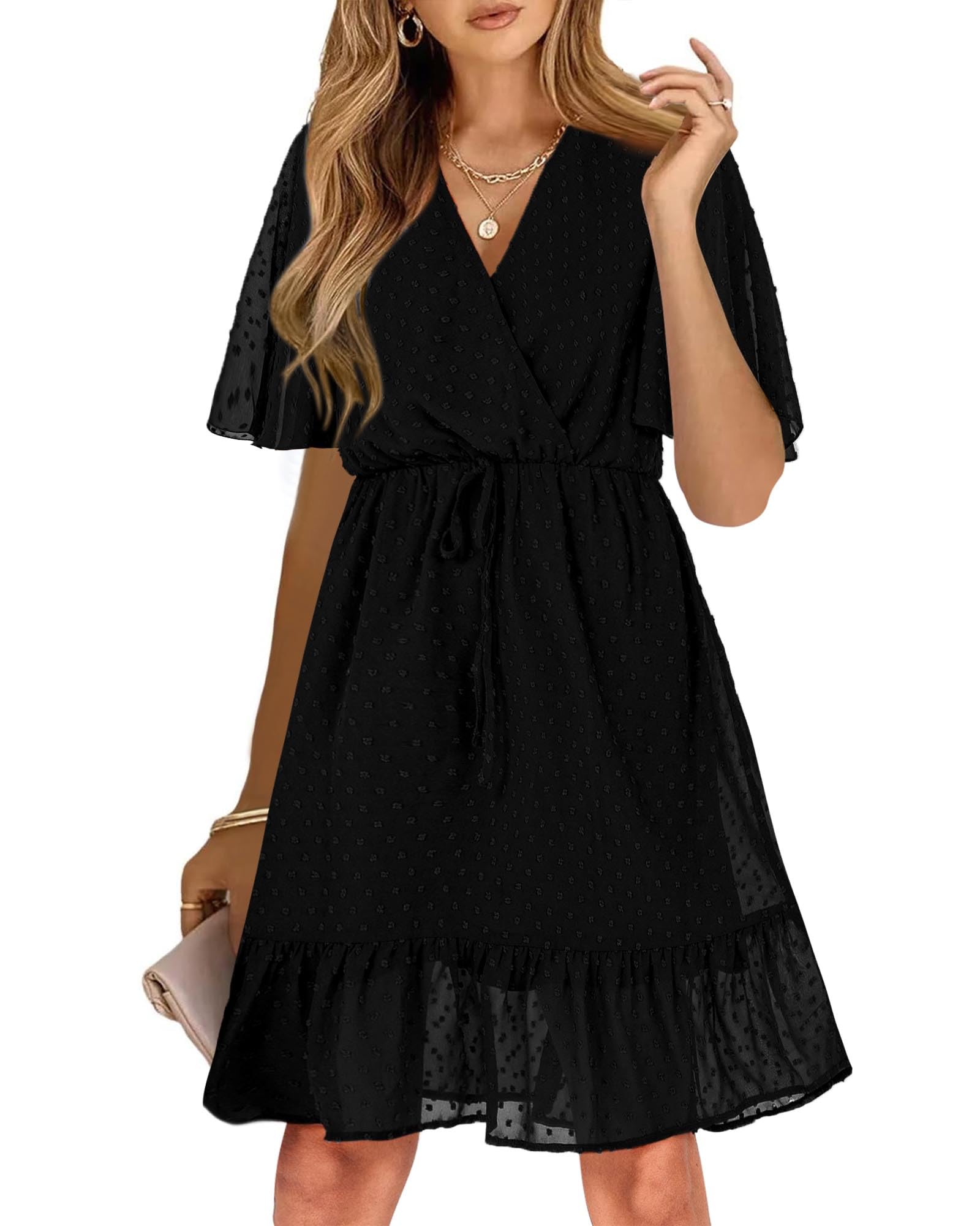 KIRUNDO Womens Summer Dresses 2026 Casual Spring Short Sleeve V Neck Ruffle Floral Print High Waist Belted Flowy Mini Dress