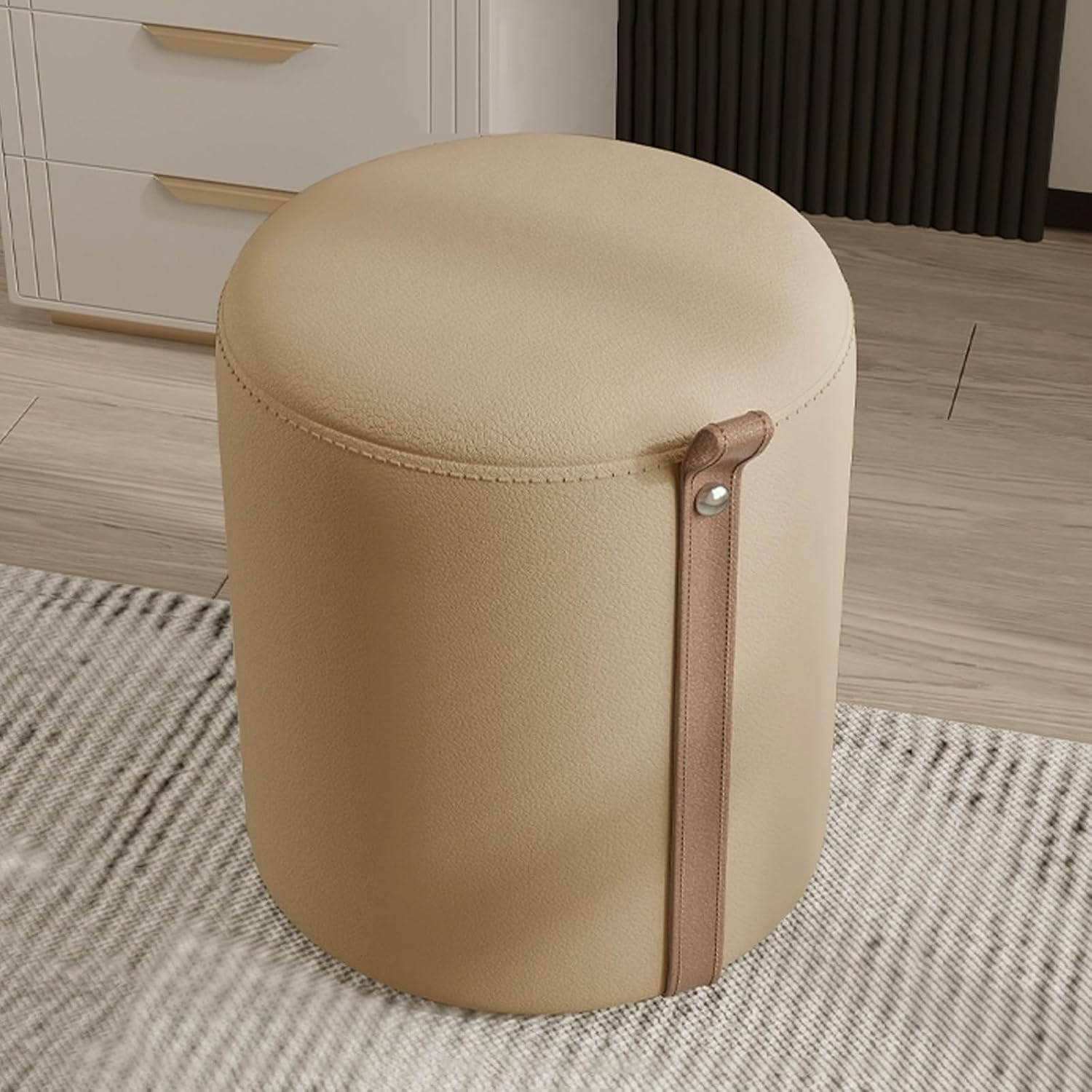 Round Leather Ottoman, Small Ottomans, Rotating Makeup Stool, Soft Cushion Low Stool, Modern Footstool for Bedroom, Living Room, Dormitory, Small Space(B Fixed Style)