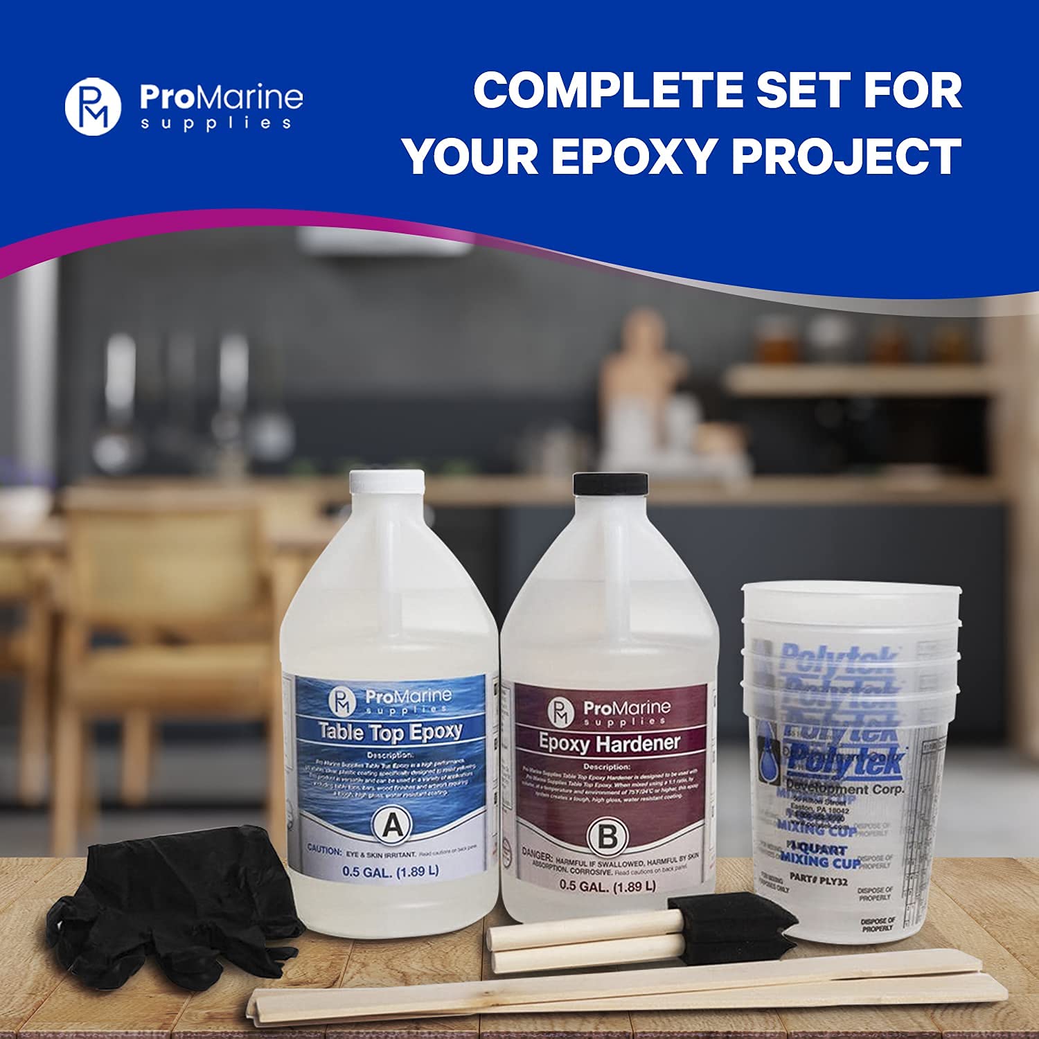 Pro Marine Supplies Crystal Clear Table Top Epoxy Resin & Hardener (2-Part 1 Gallon Combined Kit) with Cups, Brushes, Gloves, Sticks | UV-Resistant Gloss Coating for DIY Bar, Countertops, Woodworking: Industrial & Scientific