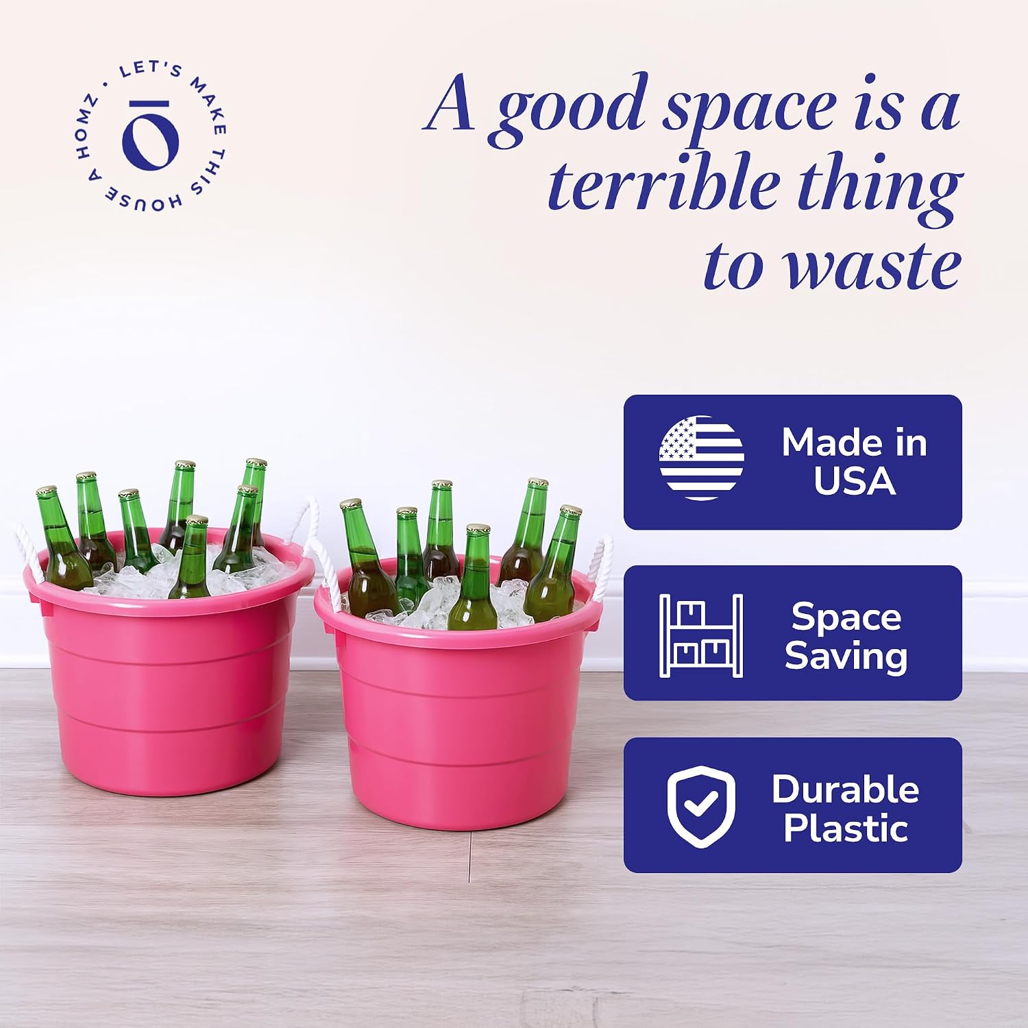 HOMZ 4-Pack Utility Tub, Large Plastic Storage Bucket with Rope Handles, 18 Gallon, Pink - Portable Indoor and Outdoor Buckets for Kitchen, Laundry, Garden, Bathroom, and Garage Organization